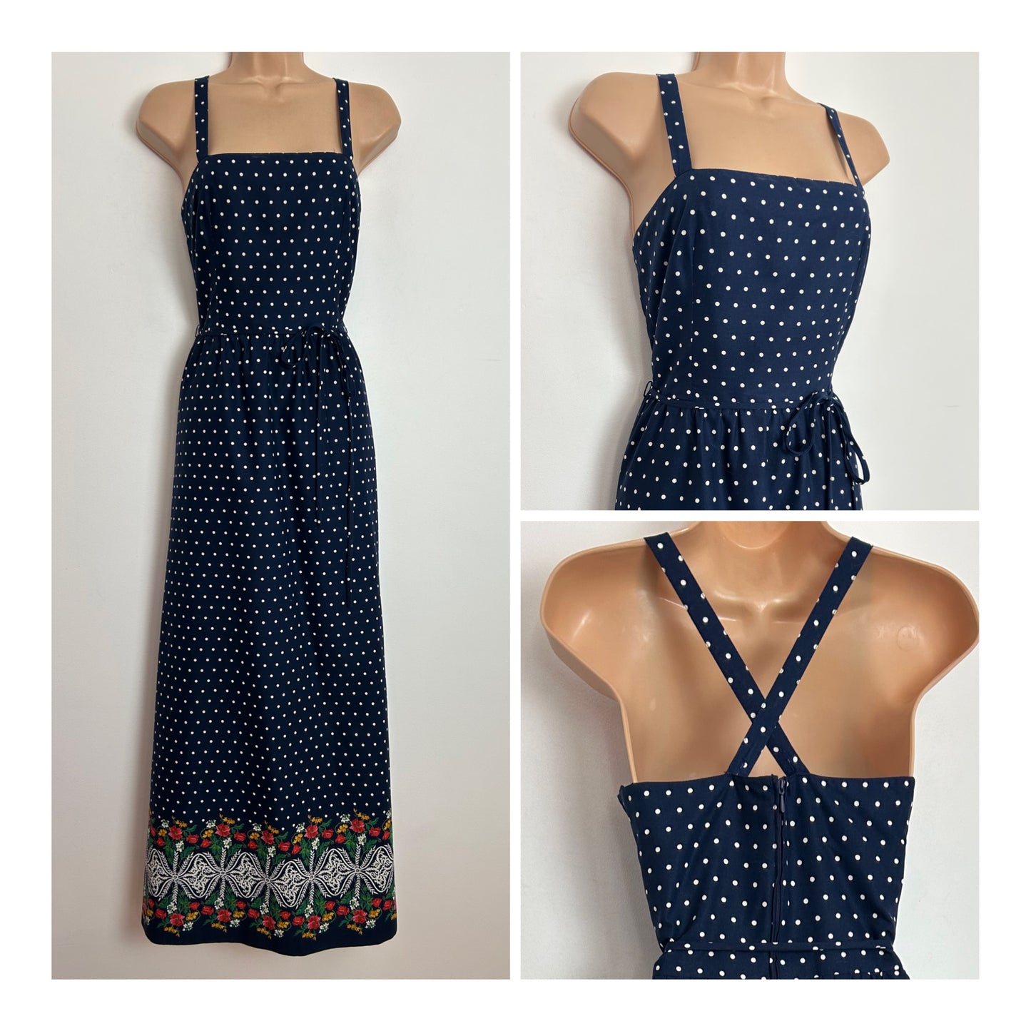 Vintage 1970s BETTY BARCLAY Size 6 Navy Blue & White Polka Dot Cross Strap Cotton Mix Maxi Dress