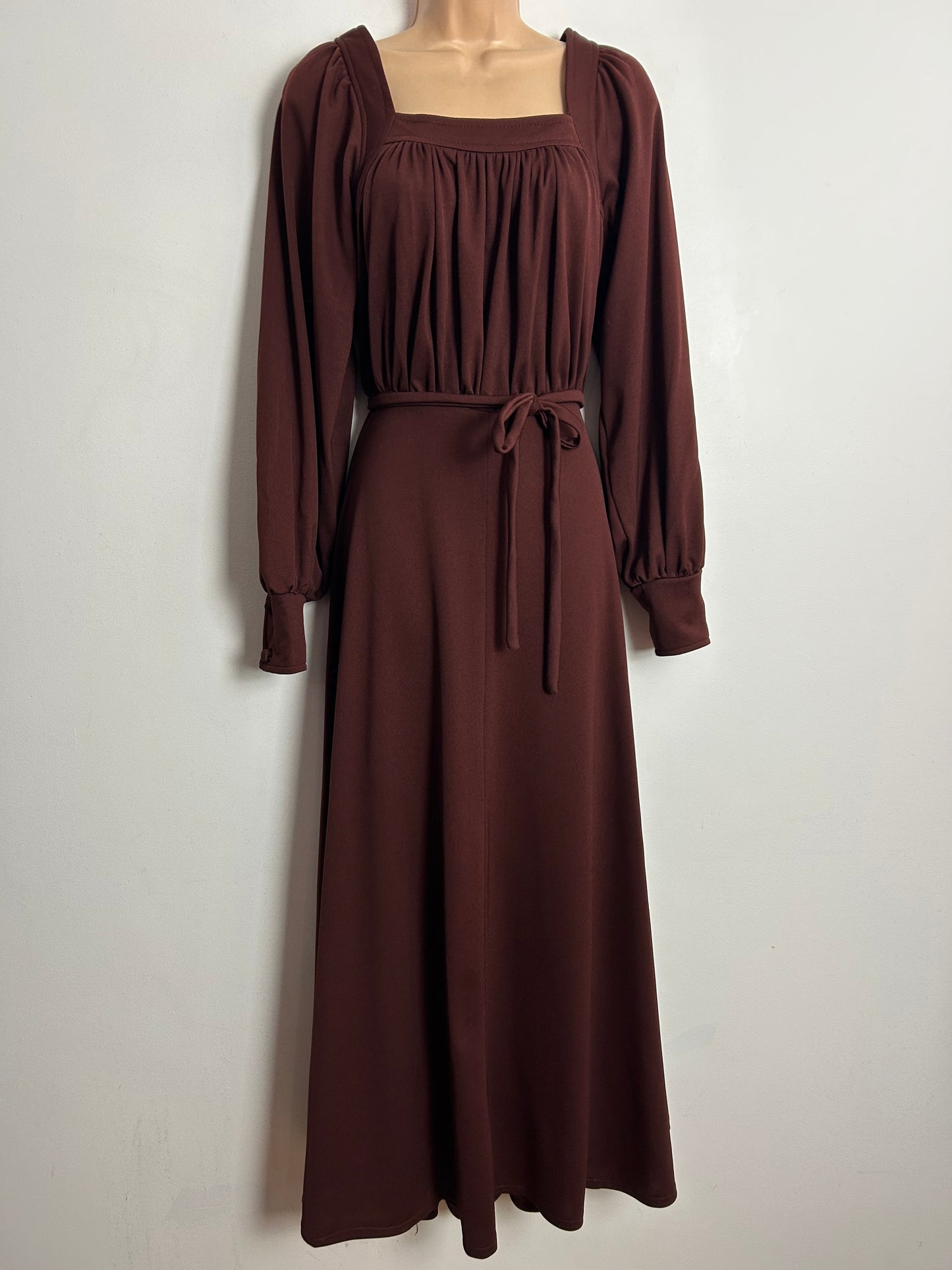 Vintage 1970s WAVE LENGTH UK Size 12 Chestnut Brown Long Sleeve Belted Boho Maxi Dress
