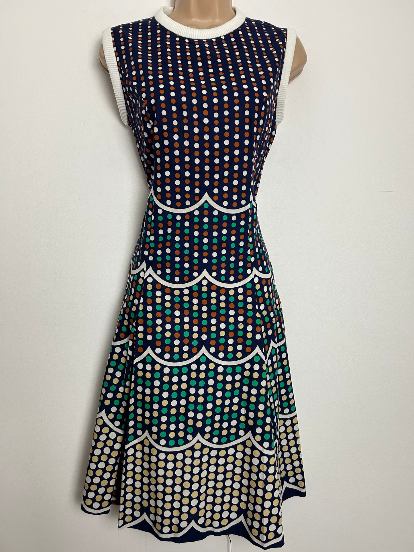 Vintage 1960s RODNEY Size 10 Navy Blue White Rust & Green Polka Dot Cotton Mix Kick Pleated Mod Dress