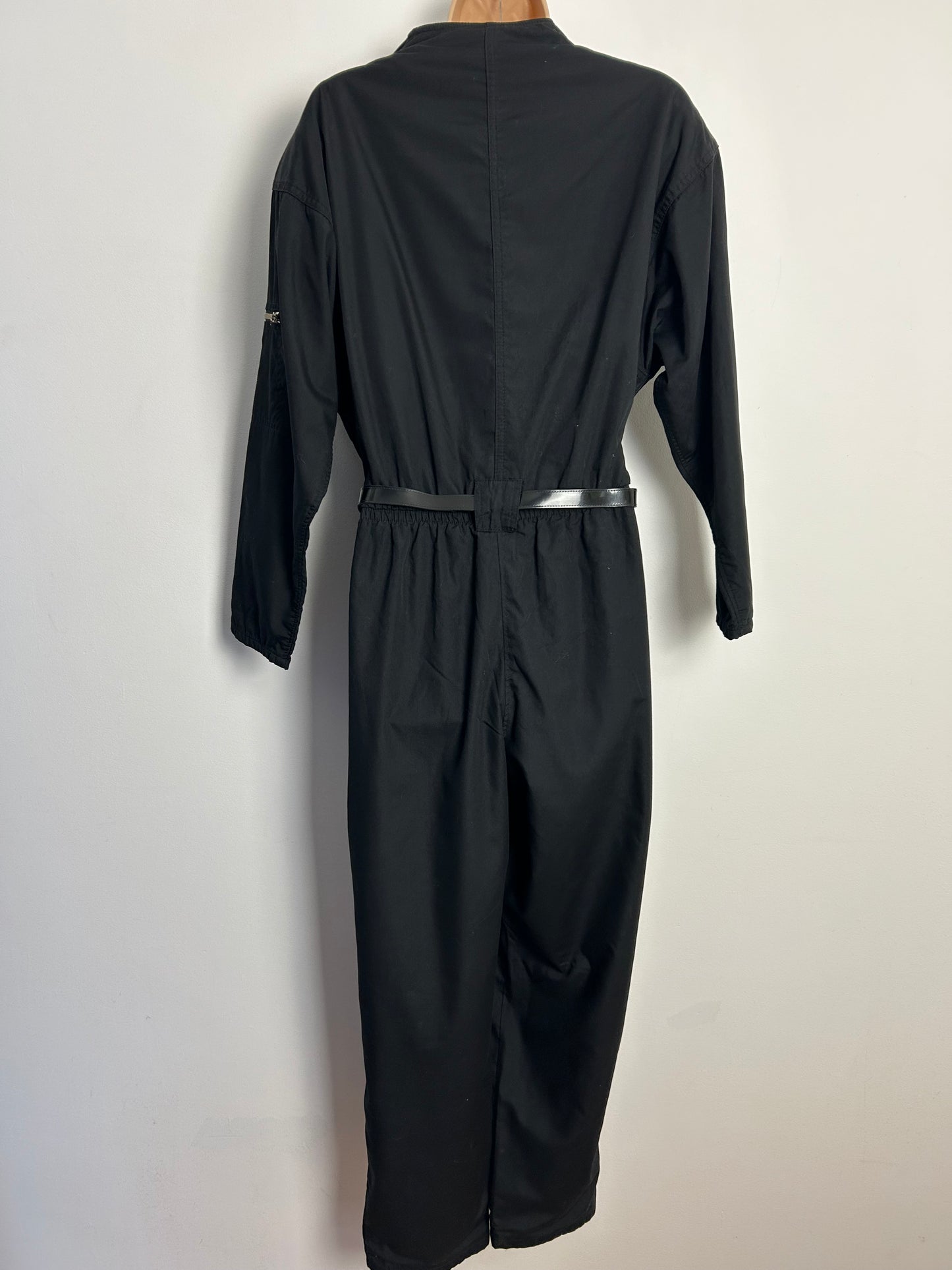 Vintage 1980s TIME COLLECTION UK Size 12 Black Zip Fronted Pocket Detail Belted Taper Leg Jumpsuit