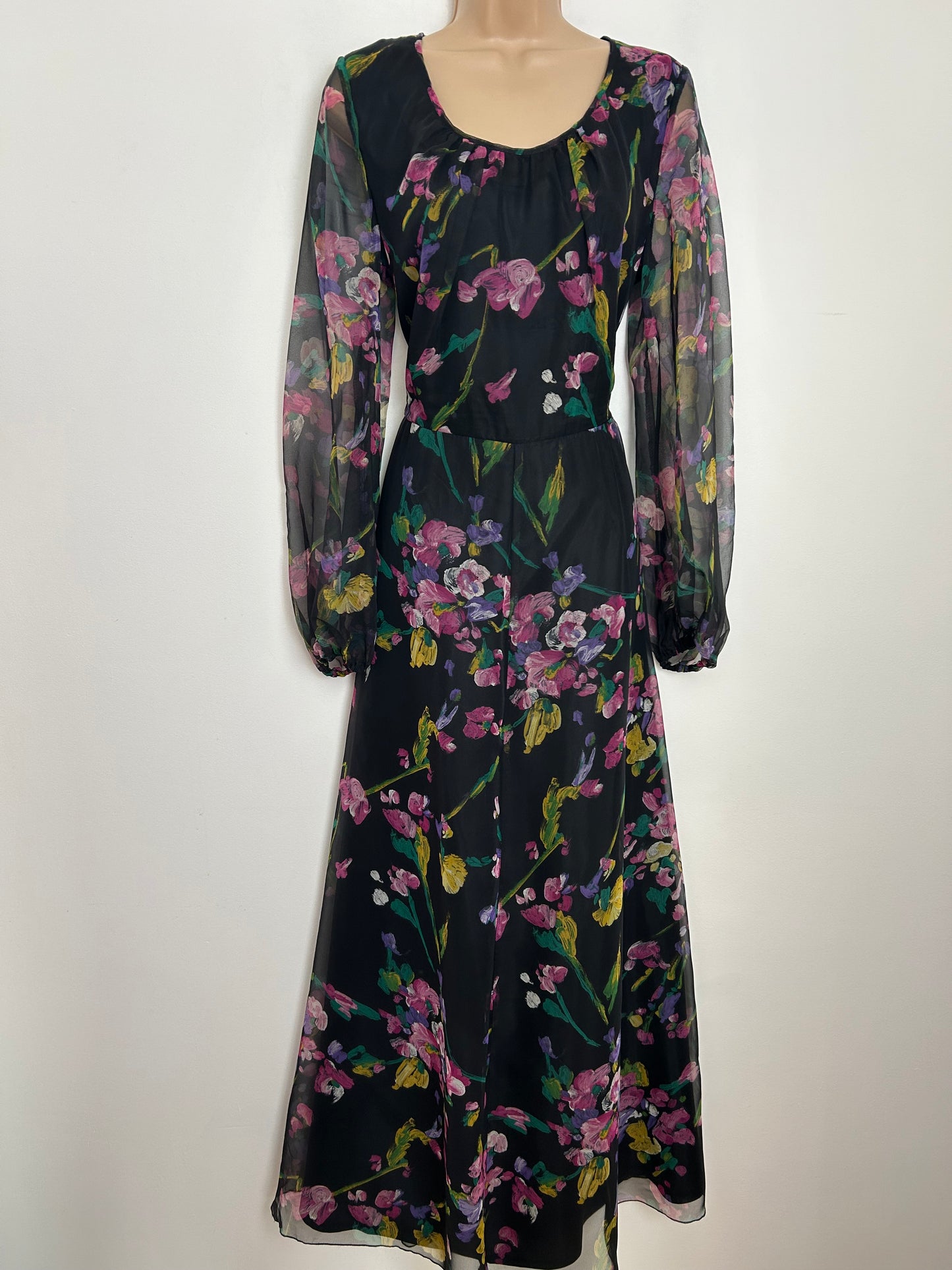 Vintage 1970s C&A Size 14 Black & Pink Floral Print Long Sleeve Chiffon Maxi Dress
