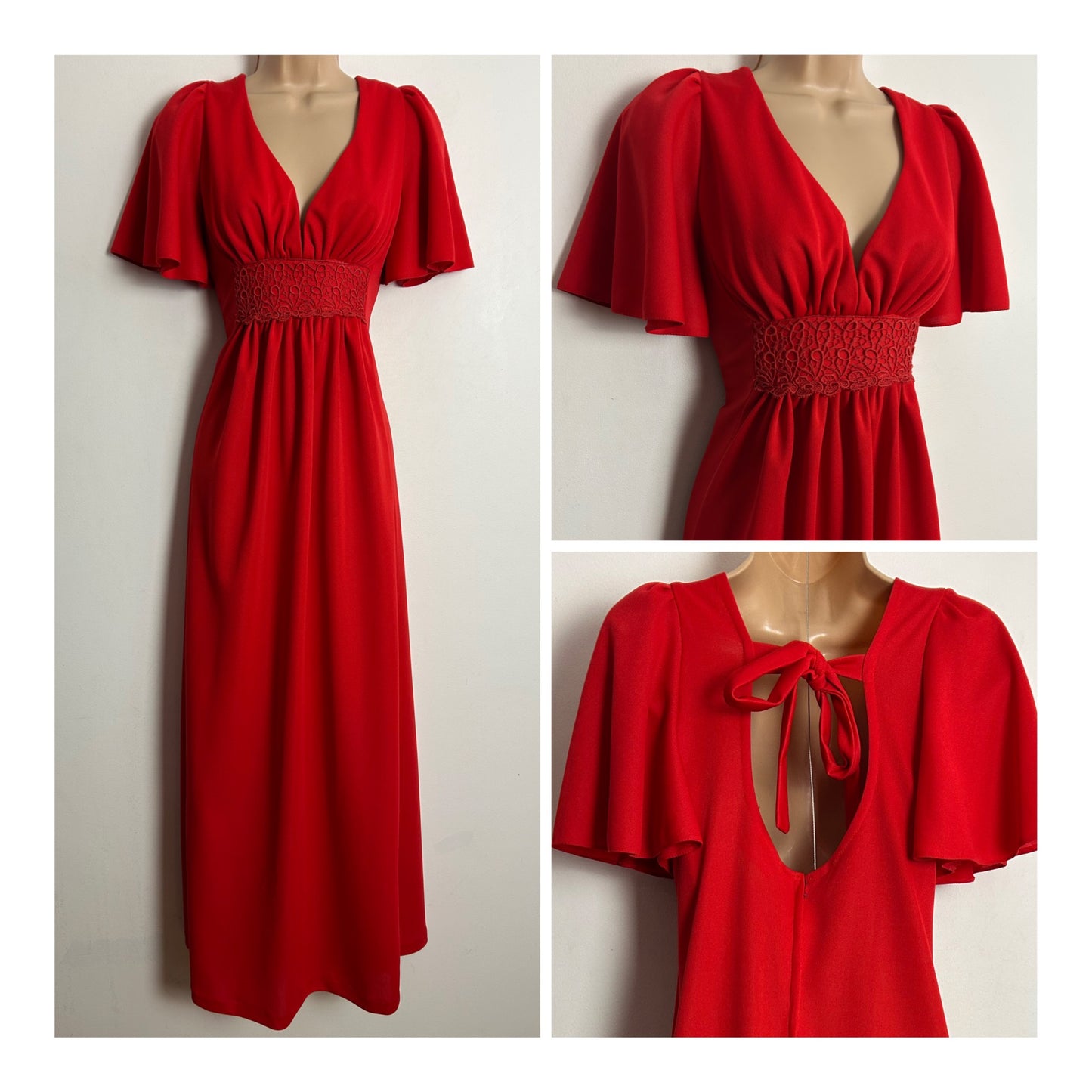 Vintage 1970s UK Size 8 Red Plunge Neck Short Sleeve Lace Trim Boho Maxi Dress