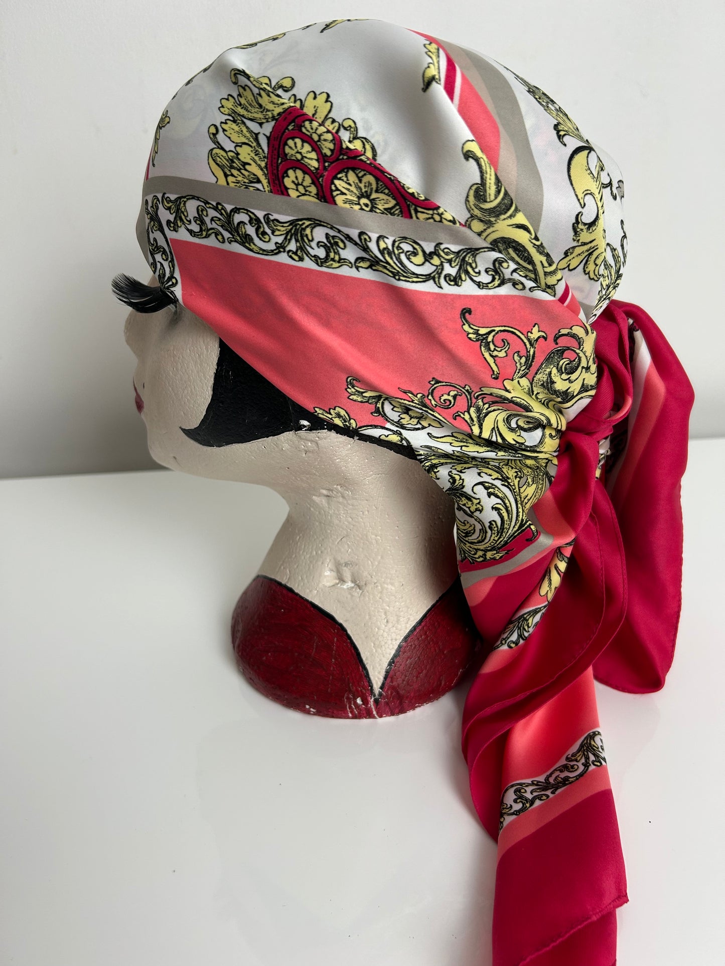 Vintage Pink White & Lemon Nouveau Floral Print Silky Scarf 88cm x 88cm