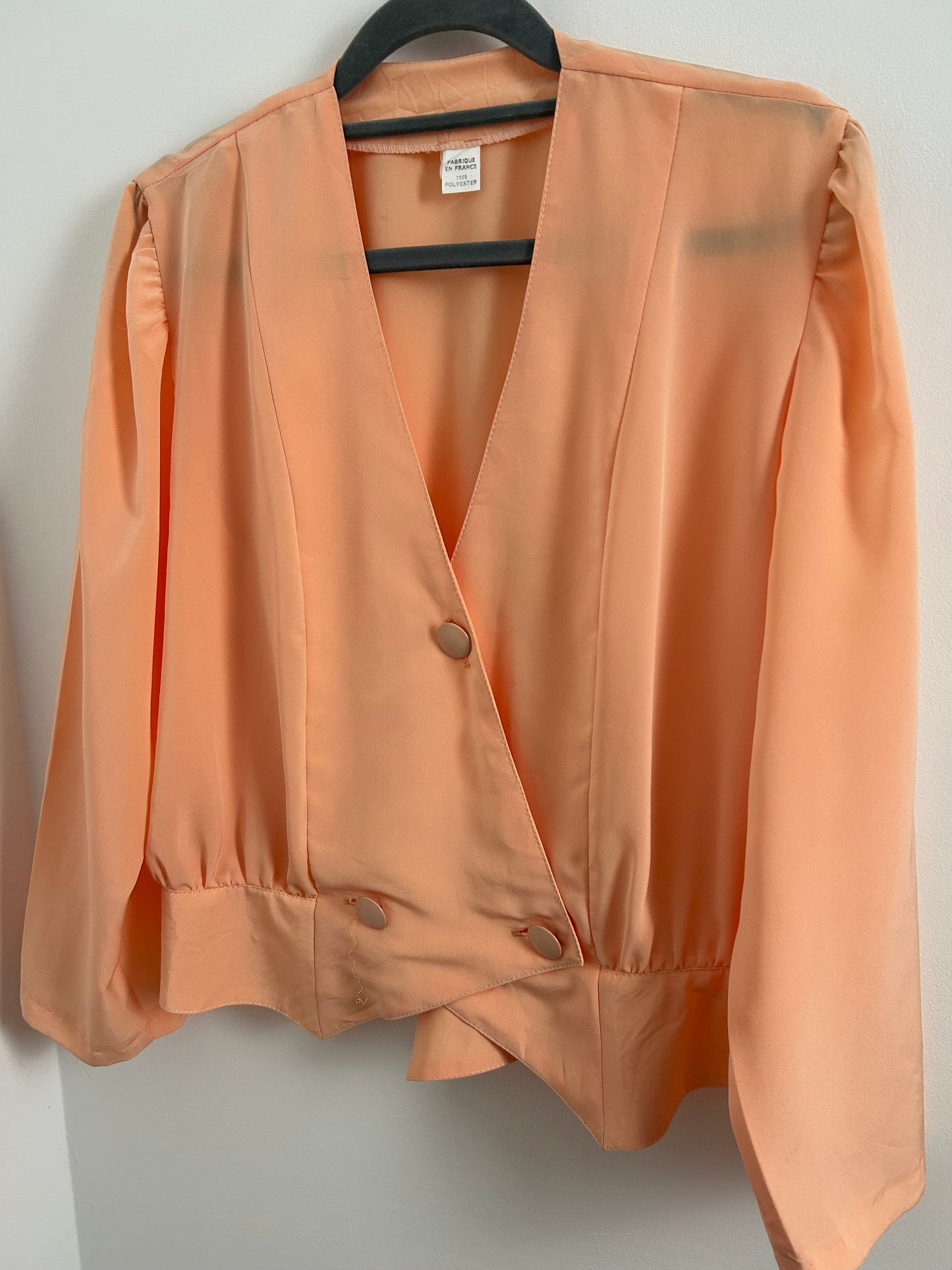 Vintage 1980s Size 12 Pale Peach Blouson Style Long Sleeve Wrap Blouse