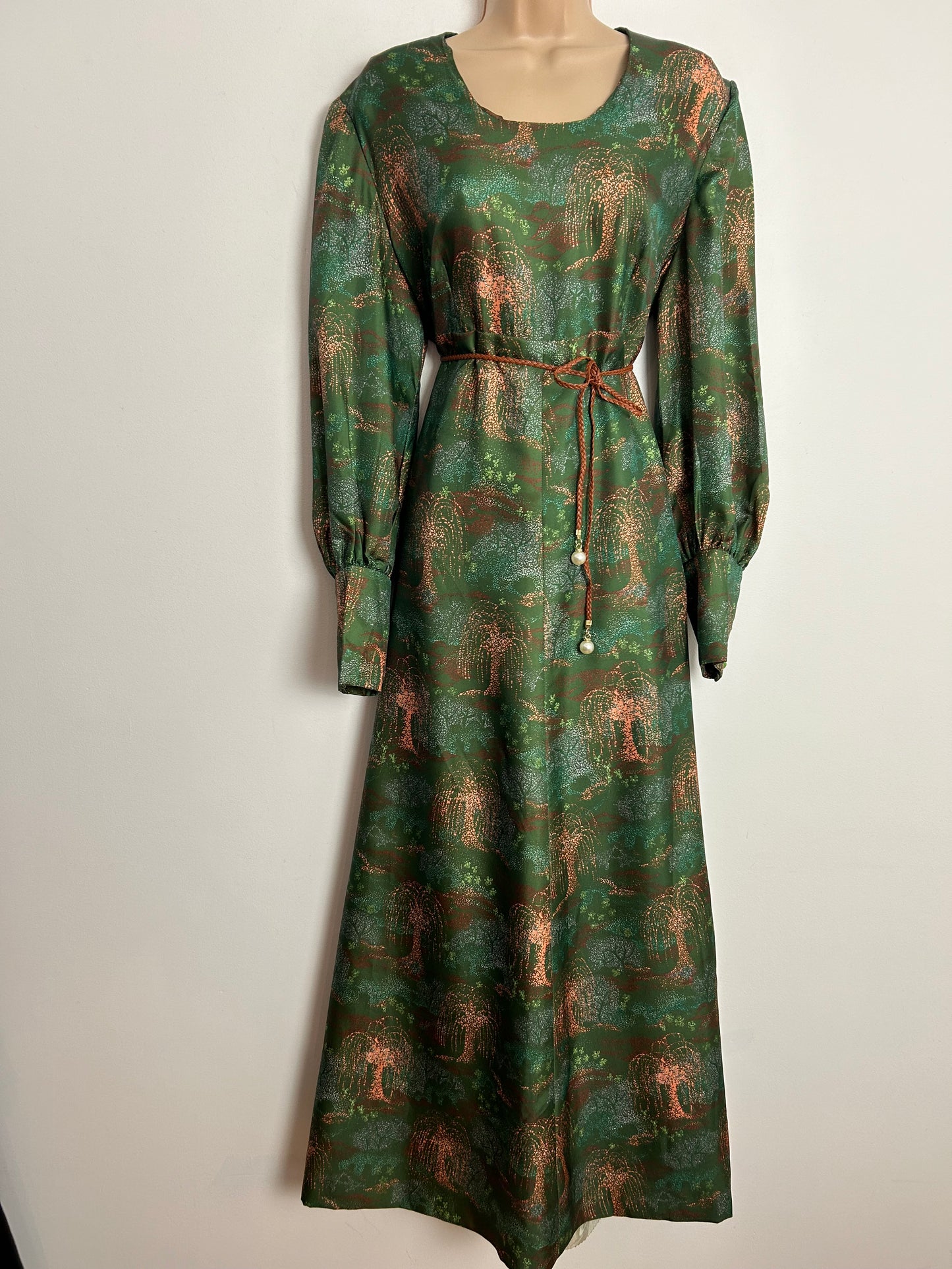 Vintage 1970s UK Size 16 Green & Coral Weeping Willow Tree Print Long Sleeve Boho Maxi Dress