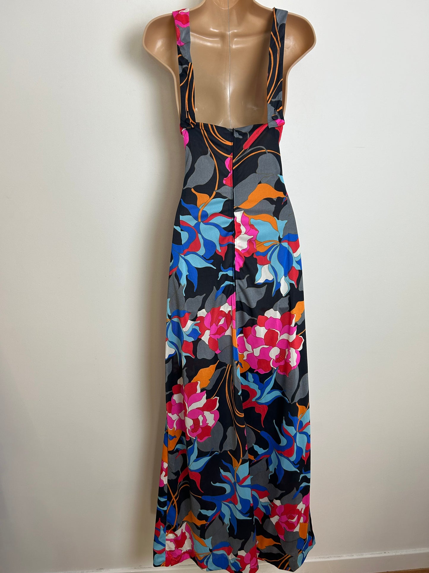 Vintage 1970s JOBI Size 10 Black Pink Blue & Orange Floral Print Maxi Dress