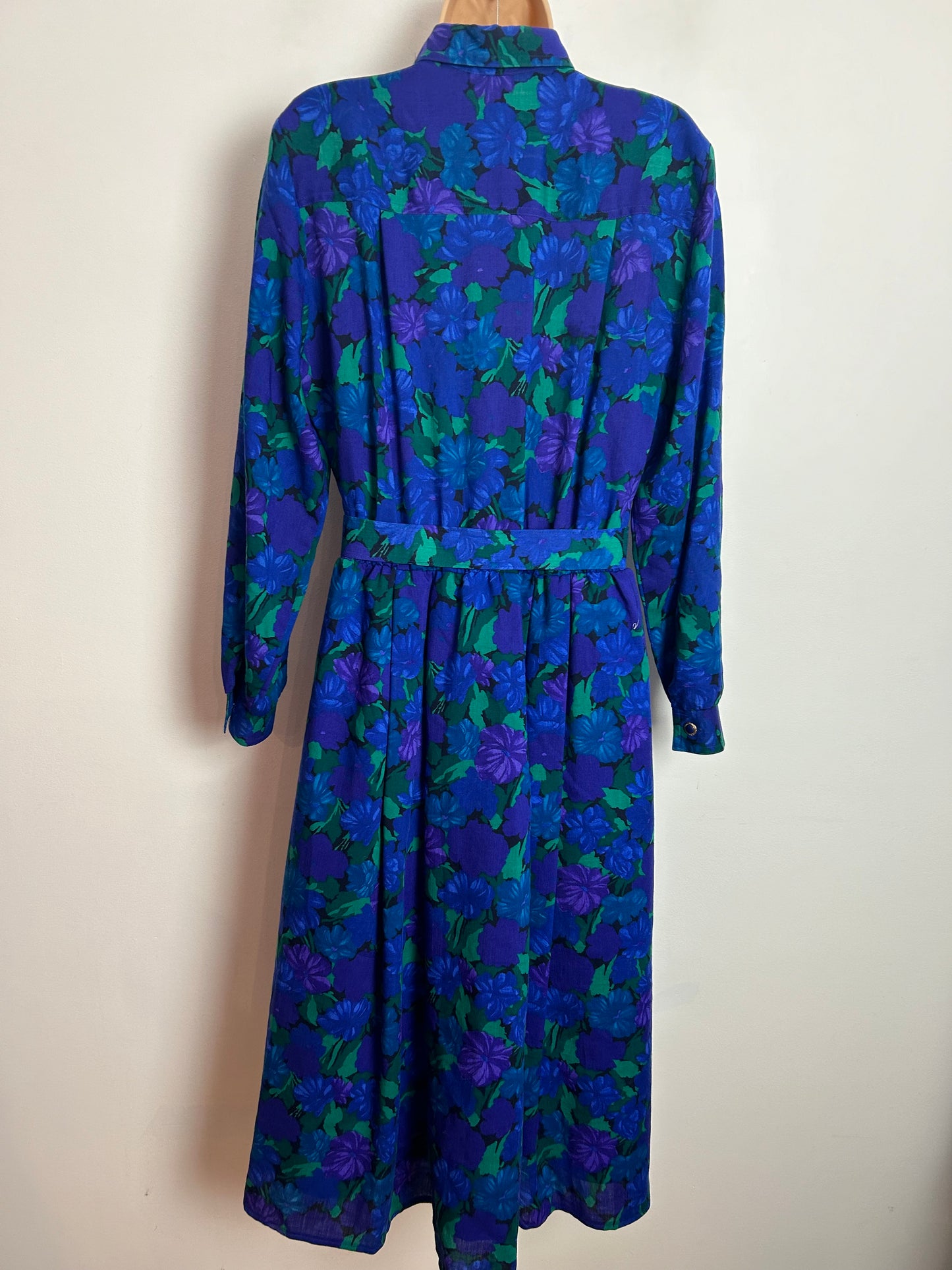 Vintage 1980s MARIAN DONALDSON UK Size 14 Blue Purple & Green Floral Print 100% Wool Belted Day Dress