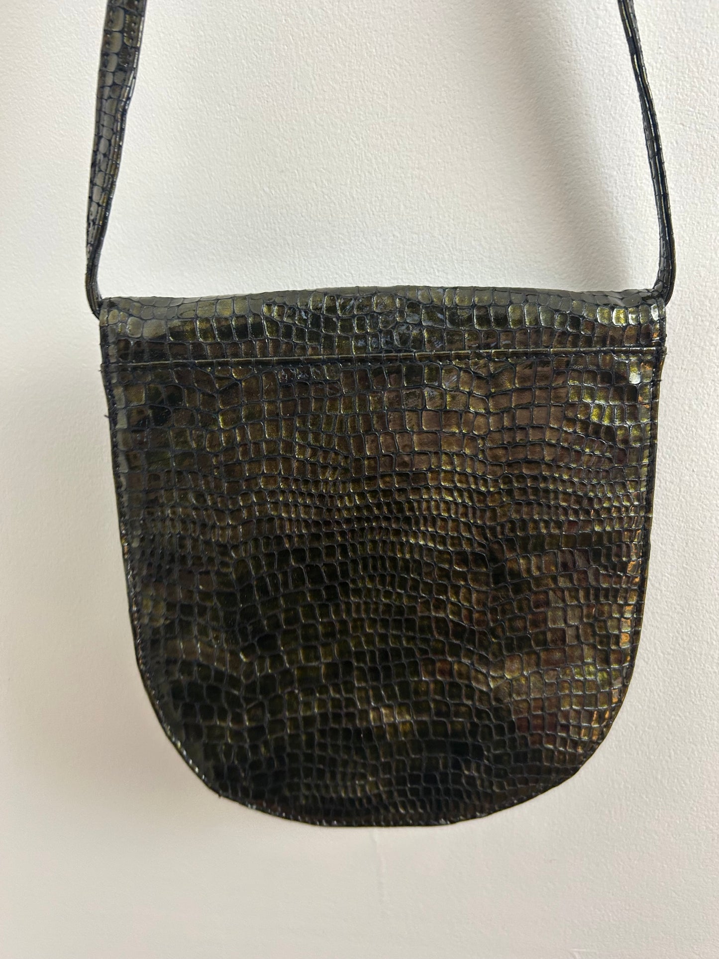Vintage 1980s Cute Little Very Dark Green Mock Reptile Skin Shoulder Bag
