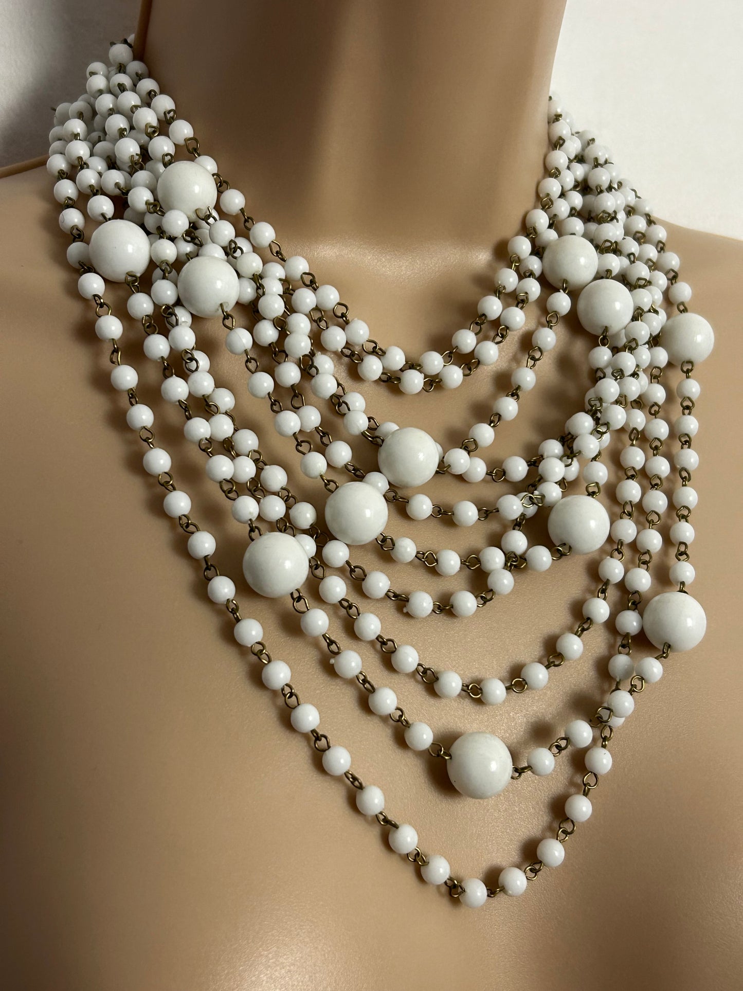 Vintage 1960s White Plastic Bead Ten Strand Statement Necklace (Hong Kong)