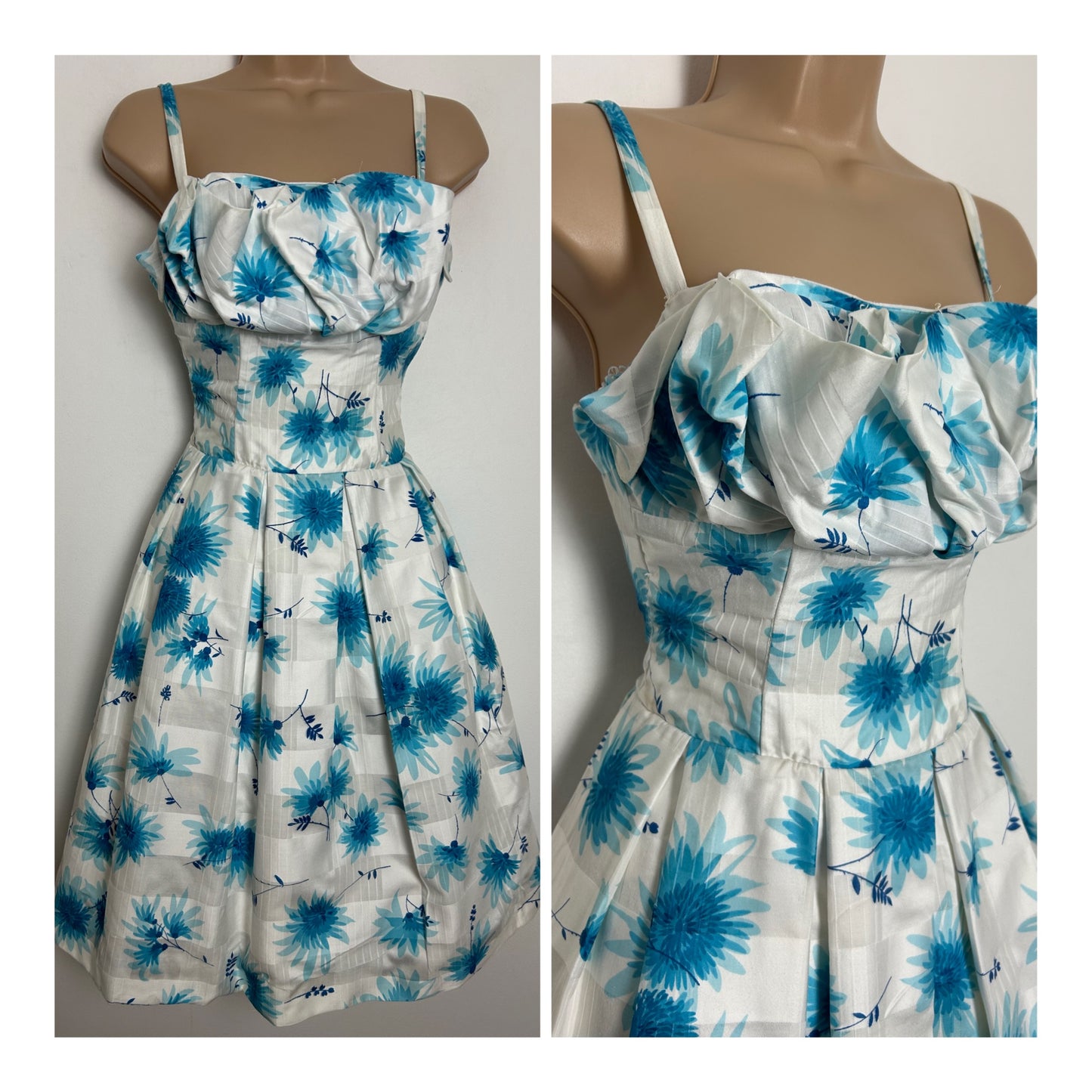 Vintage 1950s Size 6 White & Blue Floral Print Cotton Ruched Bust Pleated Summer Prom Party Dress