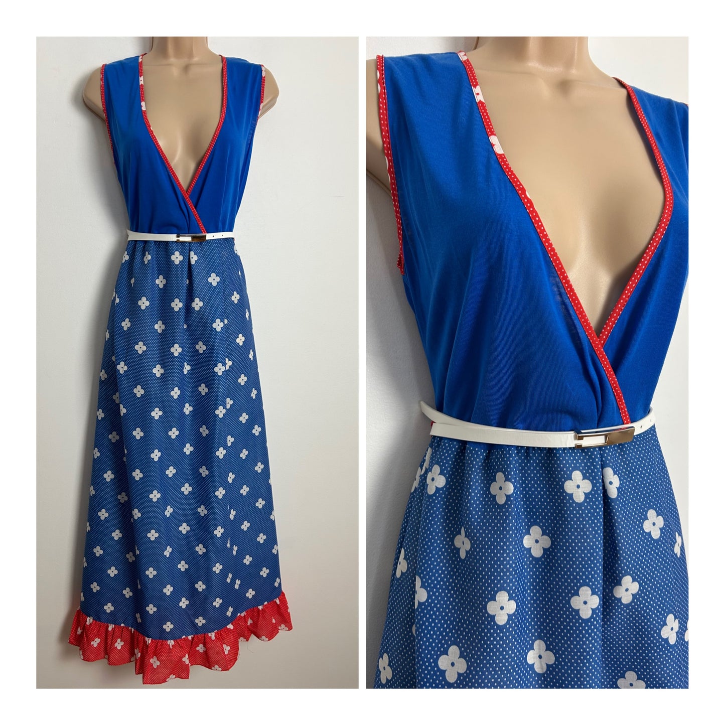 Vintage 1970s Size 10 Blue White & Red Polka Dot & Floral Print Plunge Neck Sleeveless Belted Maxi Dress