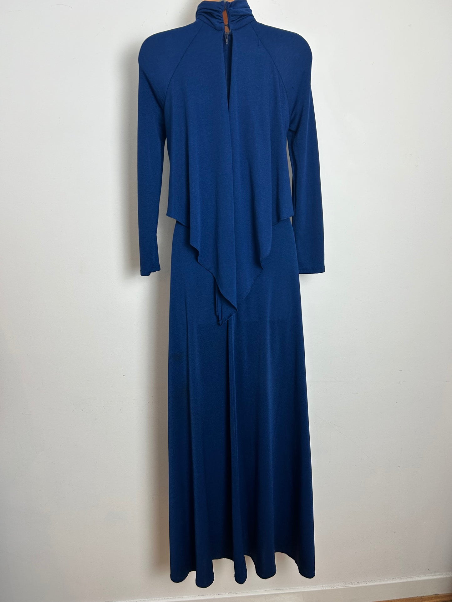 Vintage 1970s SHELANA Size 10 Navy Blue Lattice Neck Layered Long Sleeve Maxi Dress