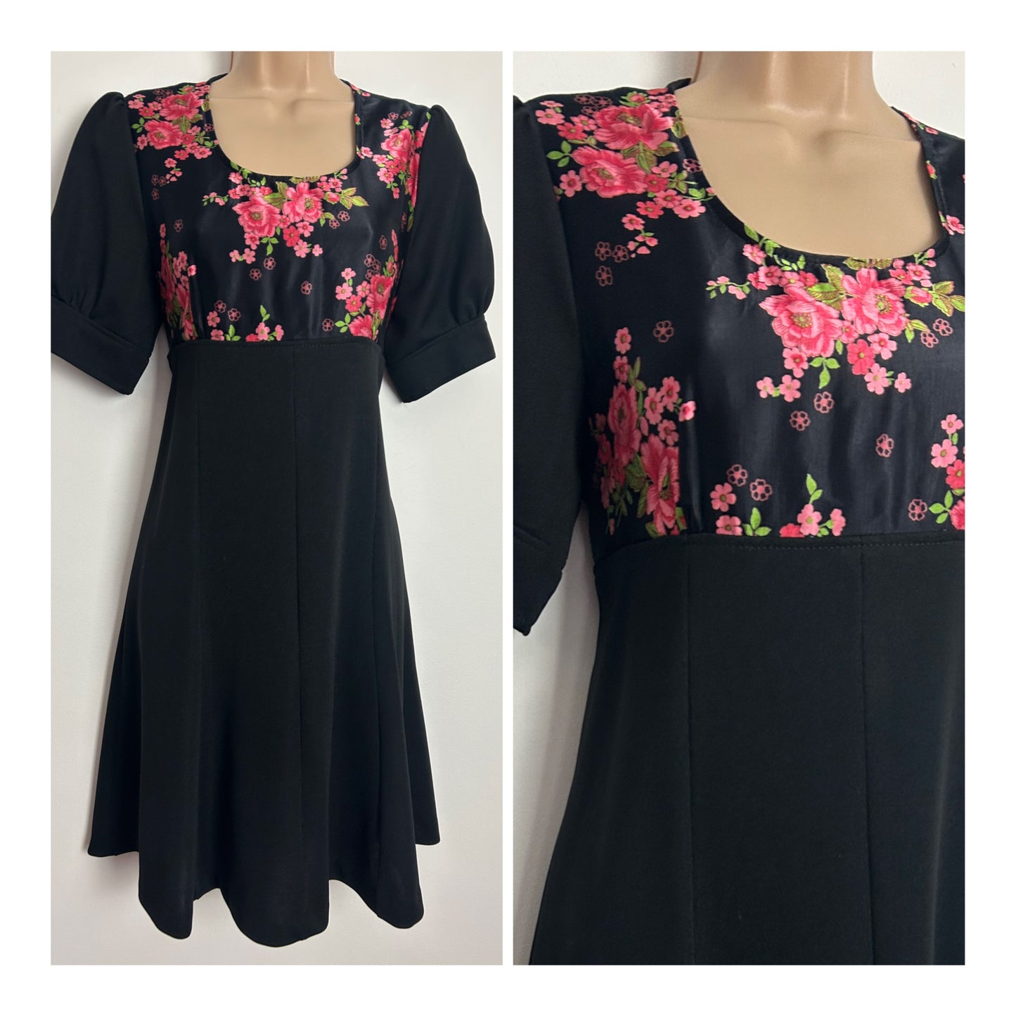 Vintage 1970s UK Size 10-12 Black & Pink Floral Print Short Sleeve Tie Back Day Dress