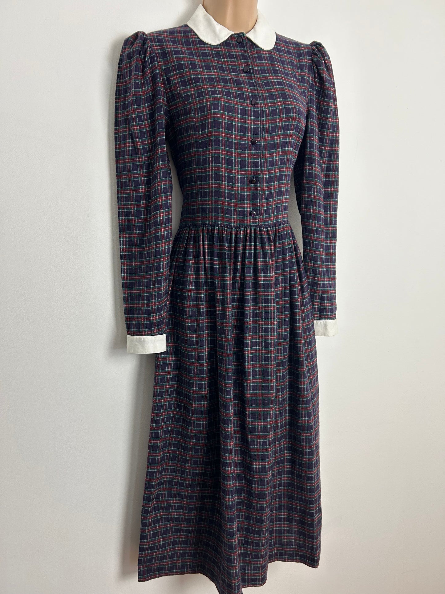 Vintage 1980s LAURA ASHLEY UK Size 8 (10 On Label) Purple Red & Green Tartan Check Print Wool Mix Day Dress