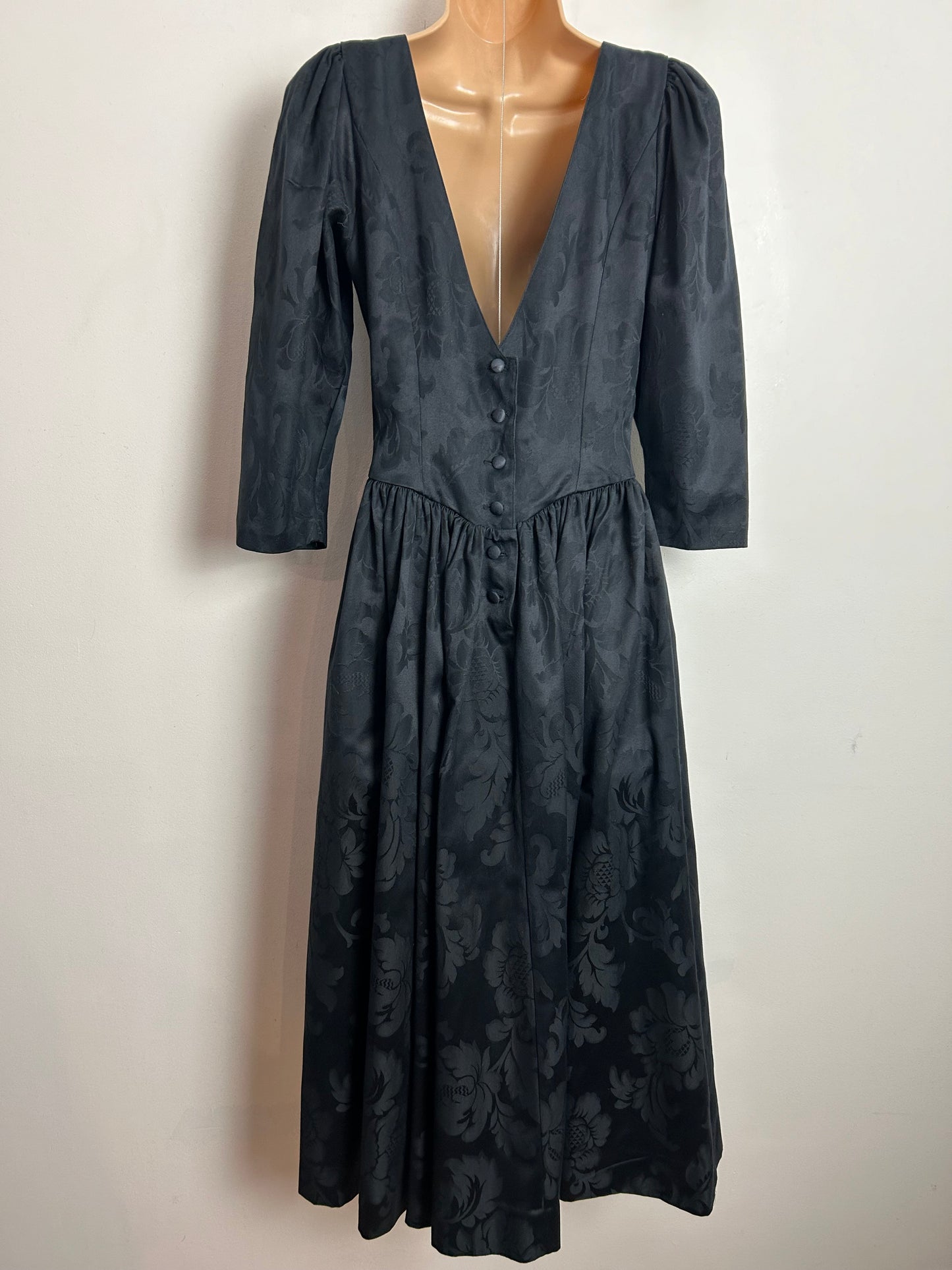 Vintage 80s LAURA ASHLEY UK 10 (Size 14 On Label) Black Embossed Damask Pleated Midi Dress