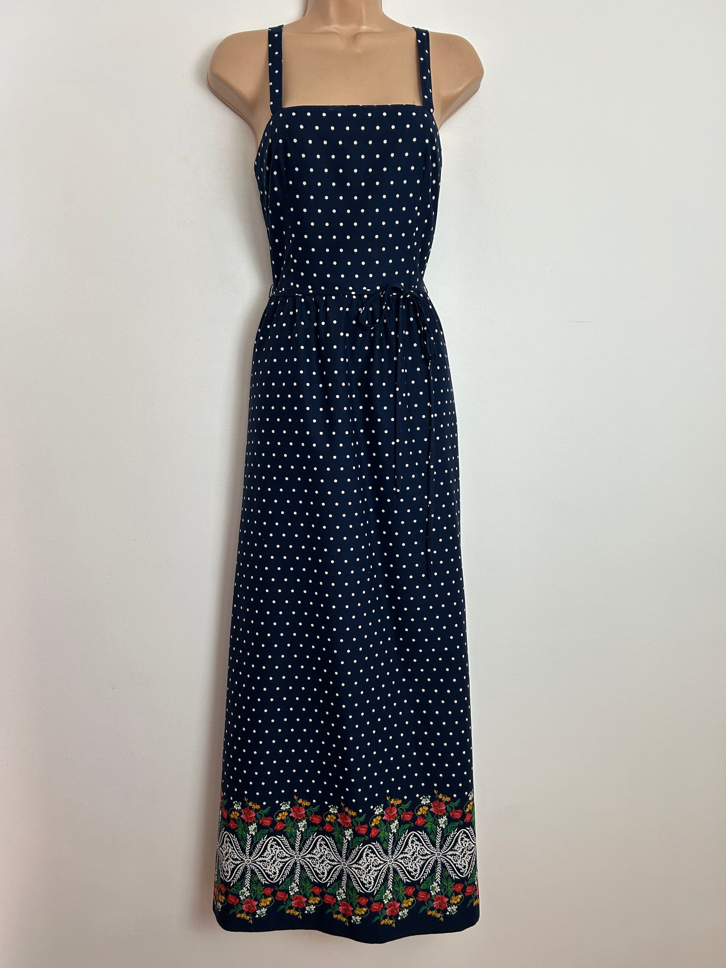 Vintage 1970s BETTY BARCLAY Size 6 Navy Blue & White Polka Dot Cross Strap Cotton Mix Maxi Dress