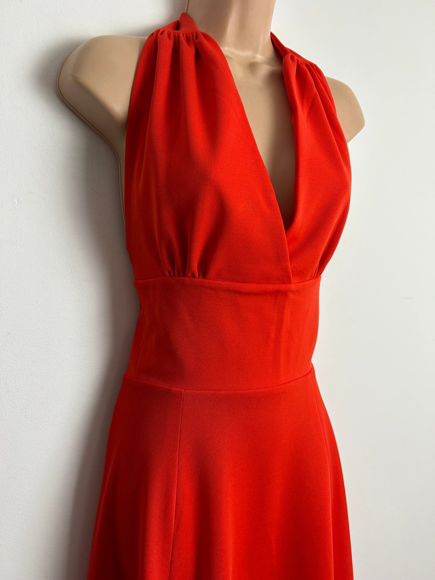 Vintage 1970s Size 6-8 Red Halter Neck Open Backed Maxi Dress