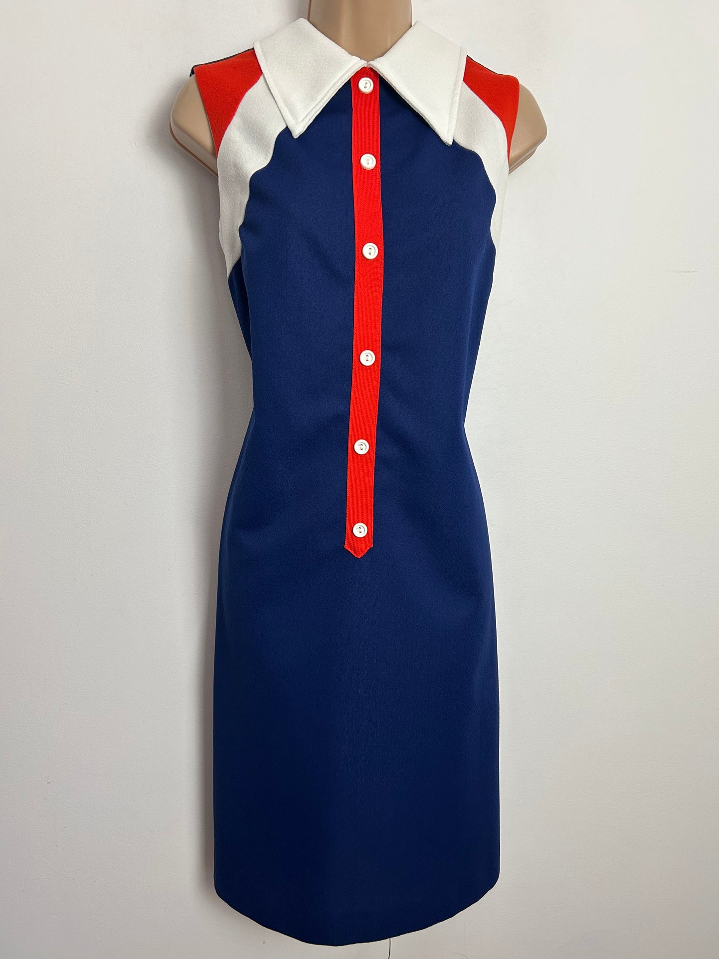 Vintage 1960s Size 12 Navy Blue White & Red Sleeveless Mod Scooter Shift Dress