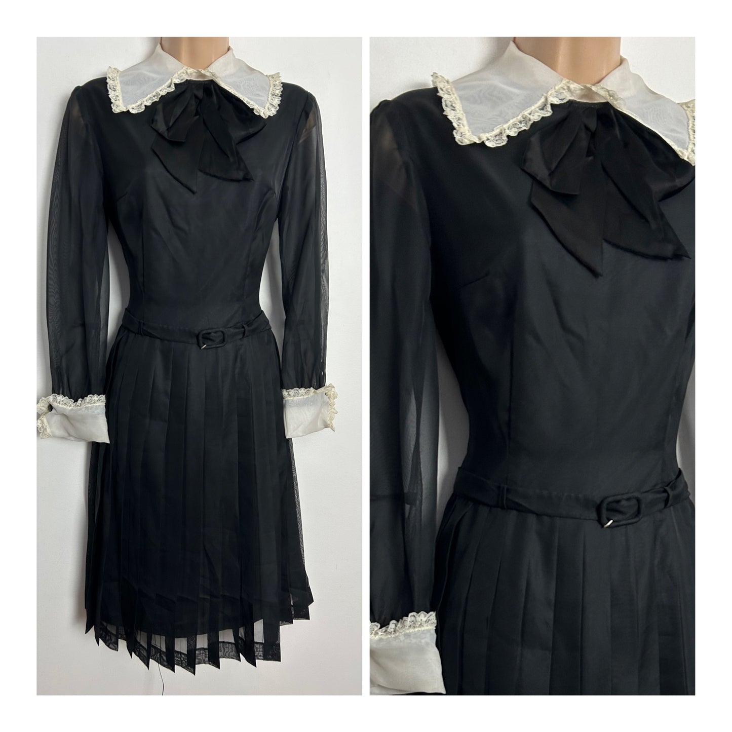 Vintage Early 1970s UK Size 8-10 Black & White Collar & Cuffs Lace Trim Belted Pleated Dress