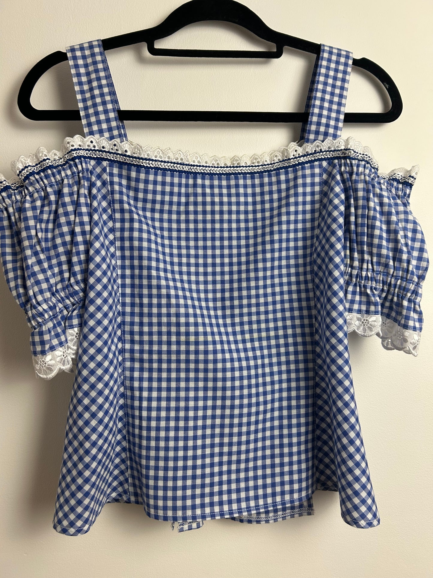 Vintage 1980s LANDHAUS @ C&A Size 14 Blue & White Gingham Check Cold Shoulder Cotton Mix Dirndl Folk Top
