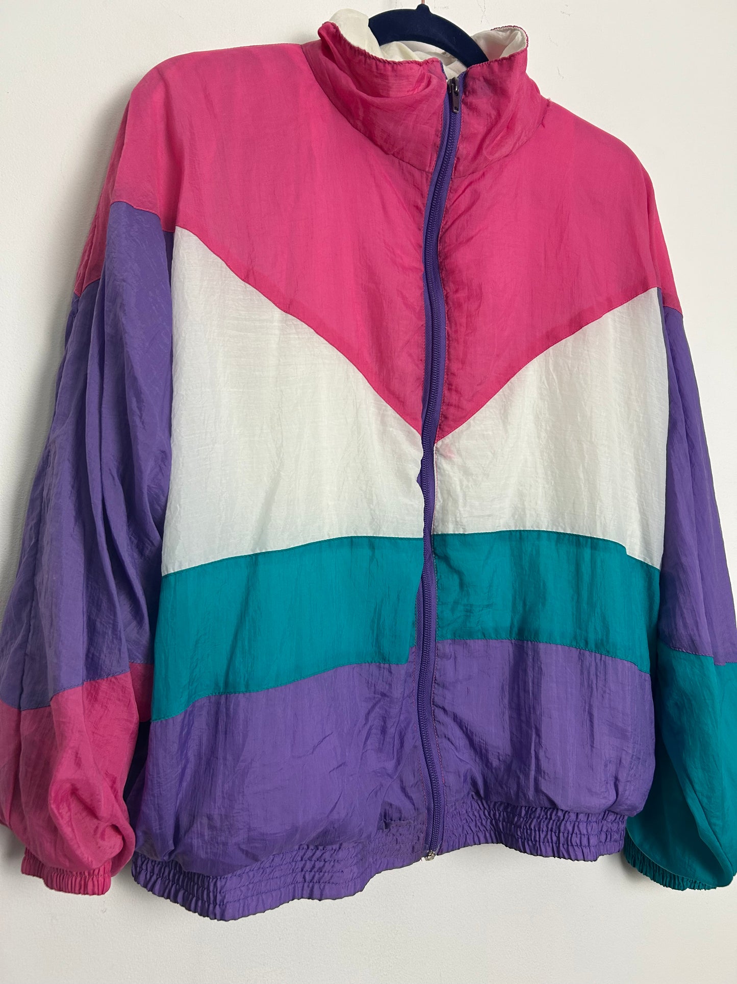 Vintage 1980s FIZZICAL Upto Size 14 Pink White Teal & Purple Shell Suit Jacket
