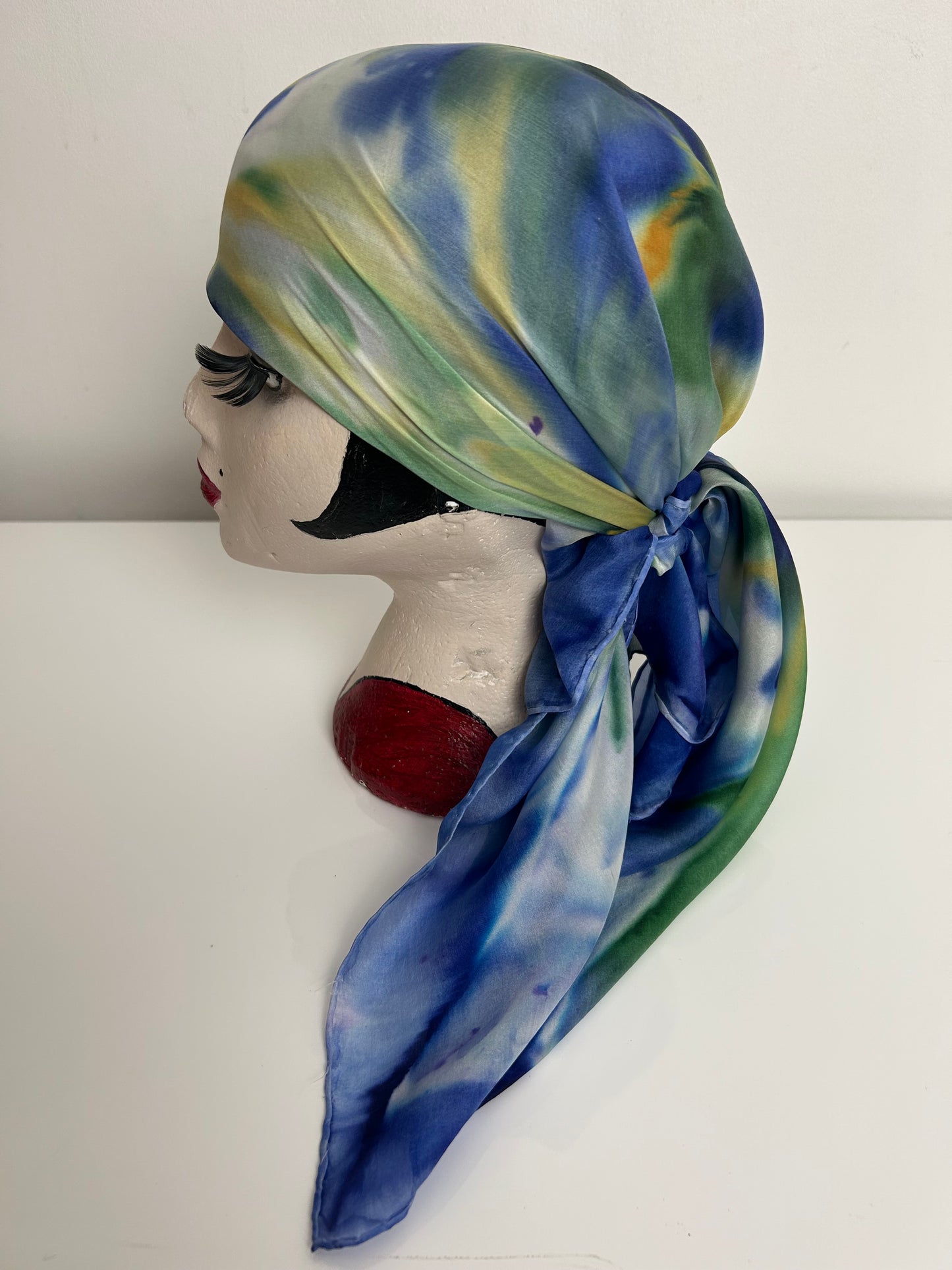 Vintage Blue Green & Lemon Tie Dye Effect Floral Print Silky Scarf 90cm x 85cm