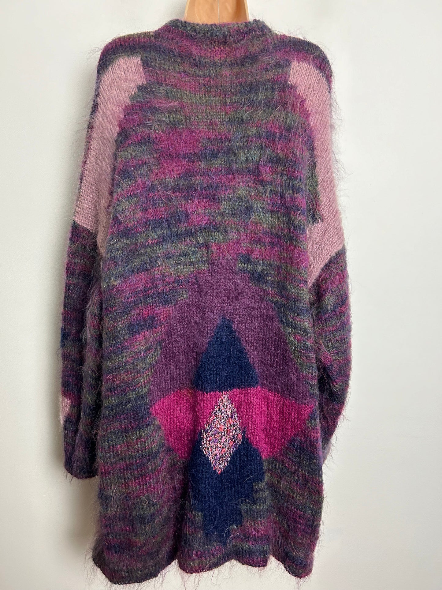 Vintage 1980s One Size Up To Size 16/18 Purple & Pink Tones Mohair Mix Longline Cardigan