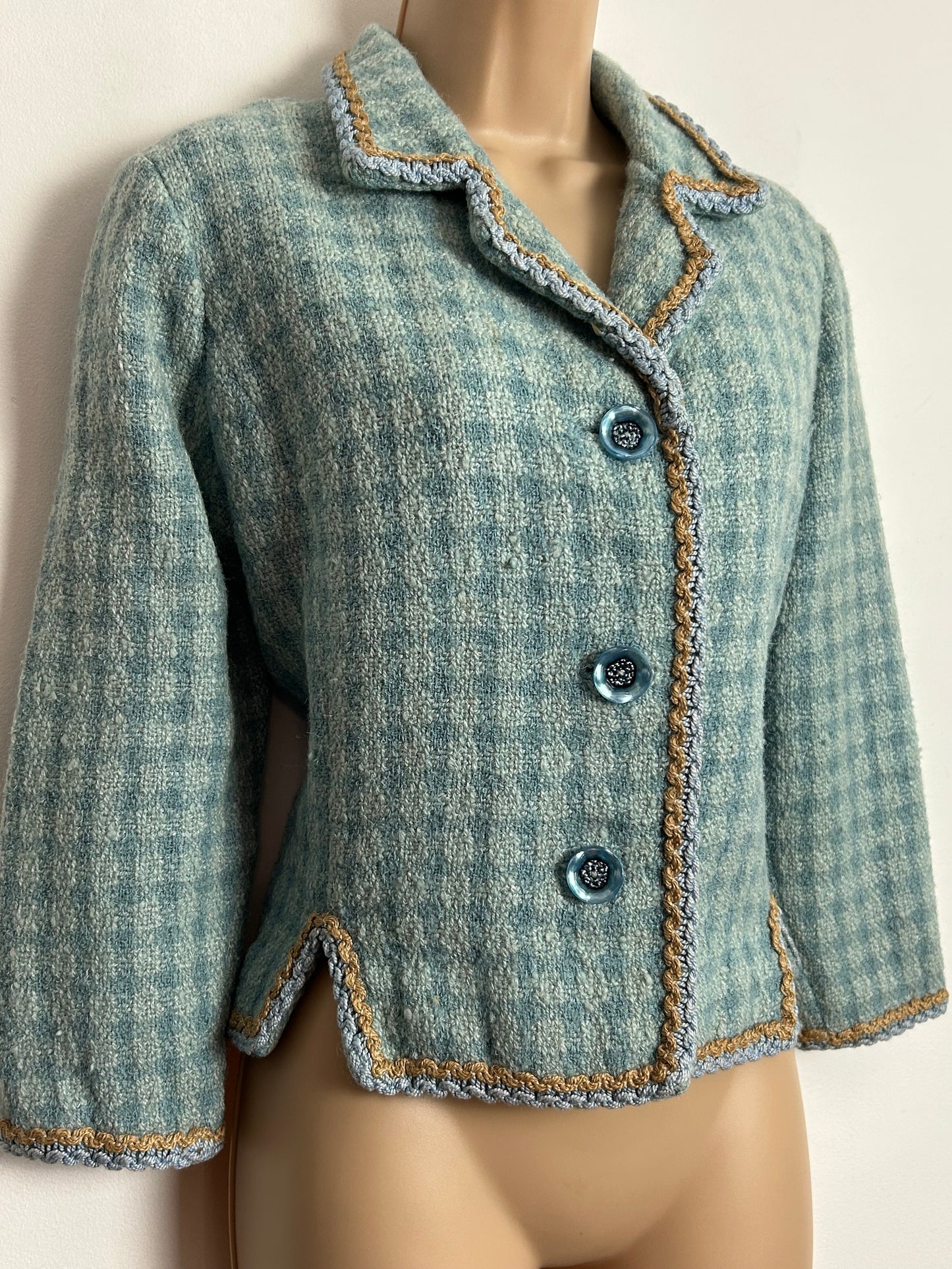 Vintage 1960s UK Size 12-14 Blue Tones Check Wool Mix Braid Trim Fully Lined Boucle Jacket