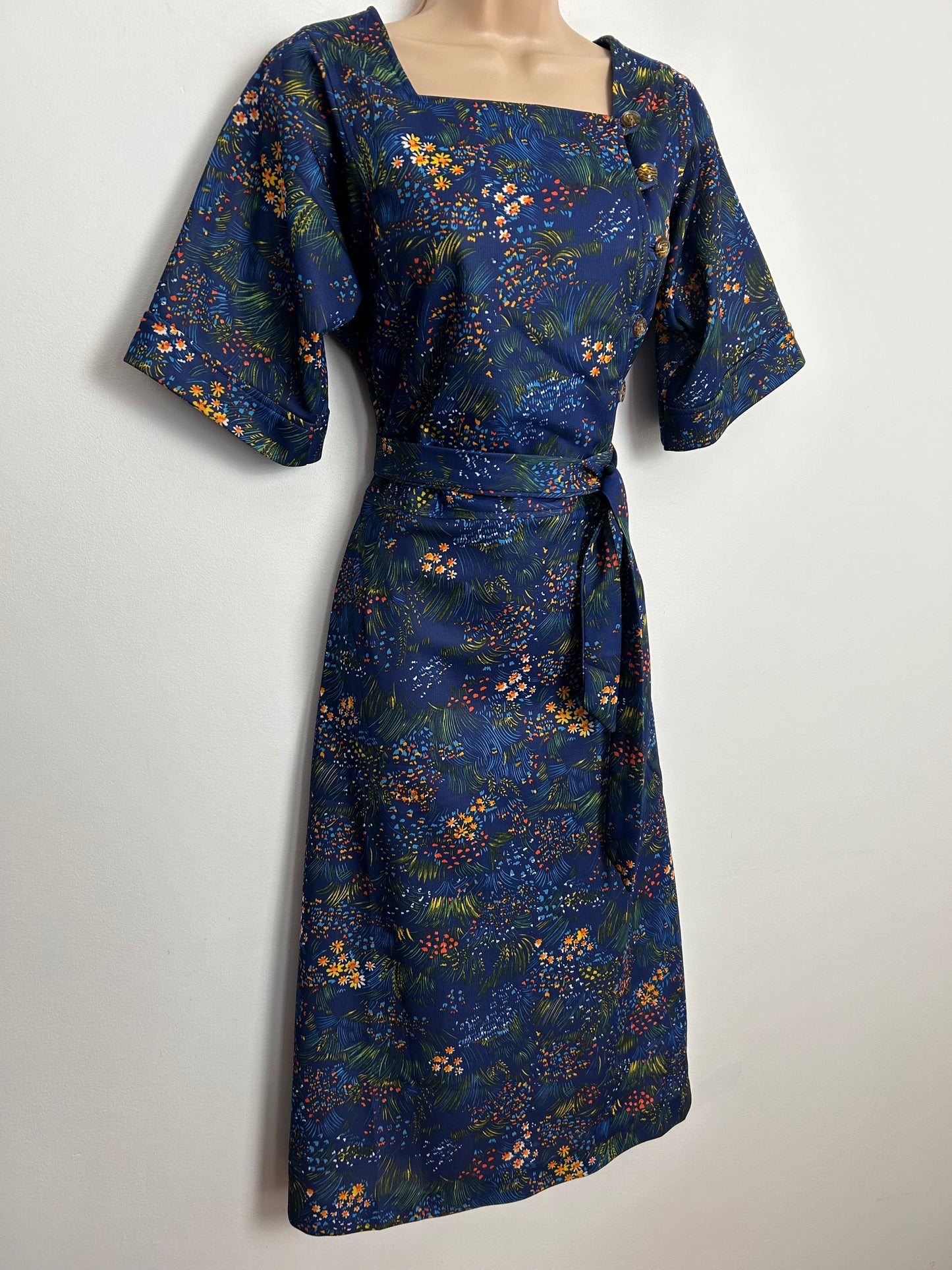 Vintage 1970s UK Size 8 Navy Blue & Orange Floral Print Short Sleeve Belted Day Dress