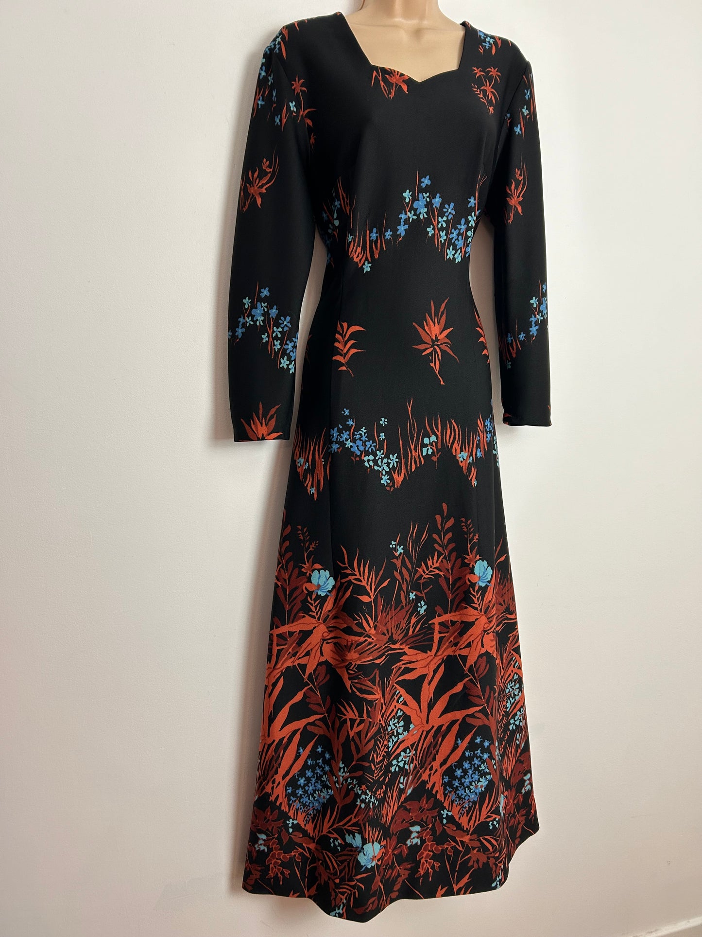 Vintage 1970s UK Size 10-12 Black Rusty Orange & Blue Floral Print Long Sleeve Maxi Dress