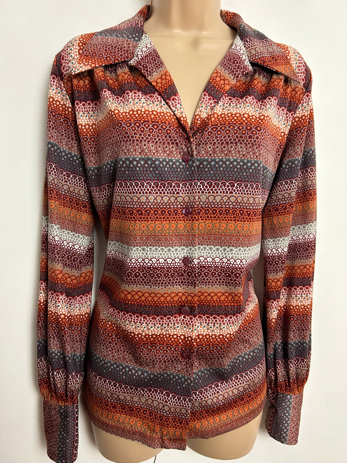 Vintage 1970s KARTING UK Size 16 Dark Reds Petrol Blue & Rusty Orange Abstract Print Long Sleeve Shirt