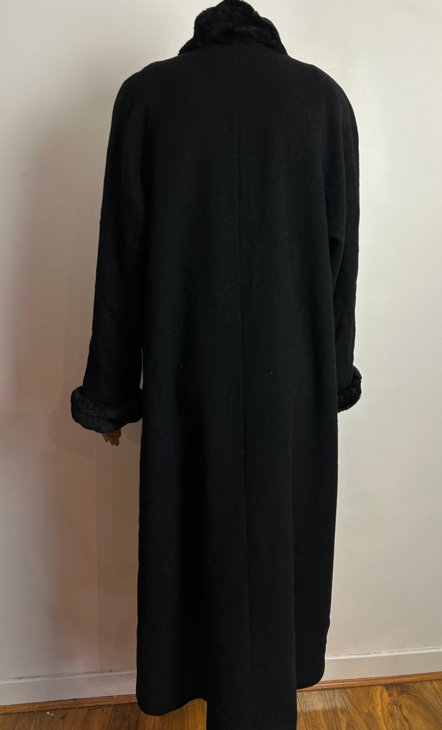 Vintage 1980s ALBERT NIPON UK Size 14-16 Black 100% Wool Faux Fur Trim Longer Length Coat