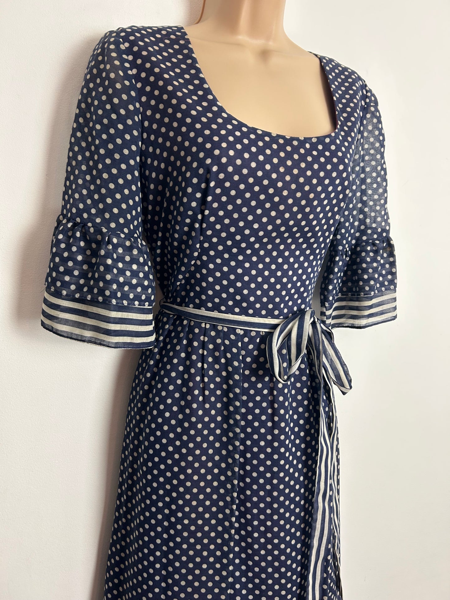 Vintage 1970s KATI At Laura Phillips UK Size 10 Navy Blue & White Polka Dot & Stripe Print Cotton Mix Belted Boho Maxi Dress