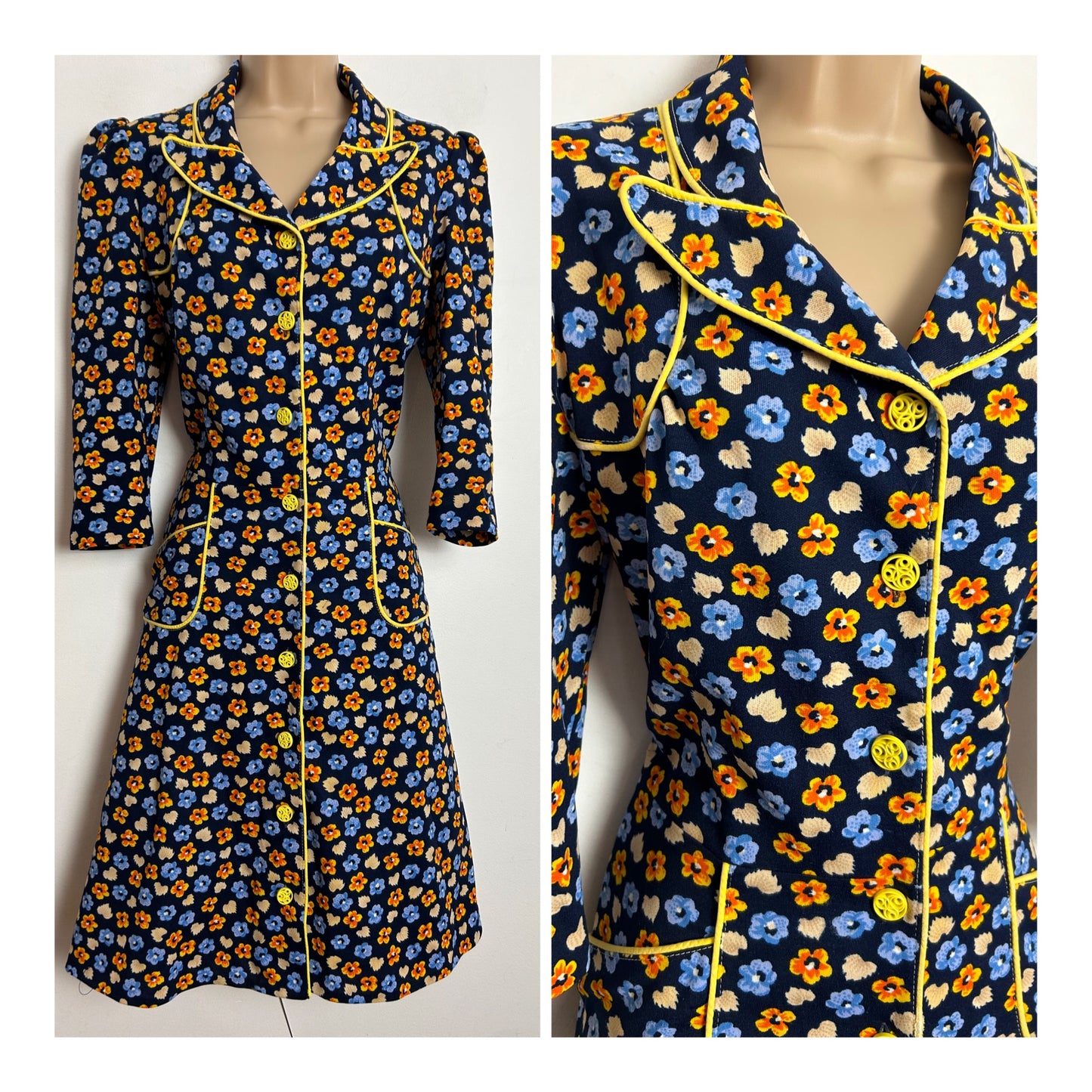 Vintage 1970s UK Size 10 Navy Blue Orange & Yellow Floral Print Feature Collar Day Dress