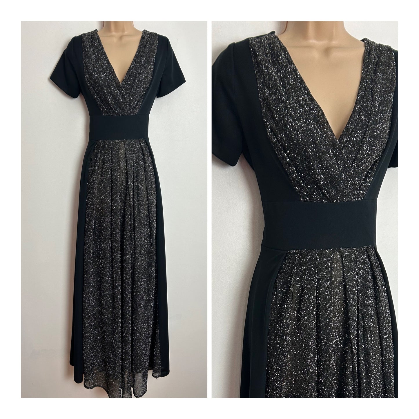 Vintage 1970s BERKERTEX UK Size 10 Black & Silver Lurex Panel Short Sleeve Pleated Occasion Evening Maxi Dress