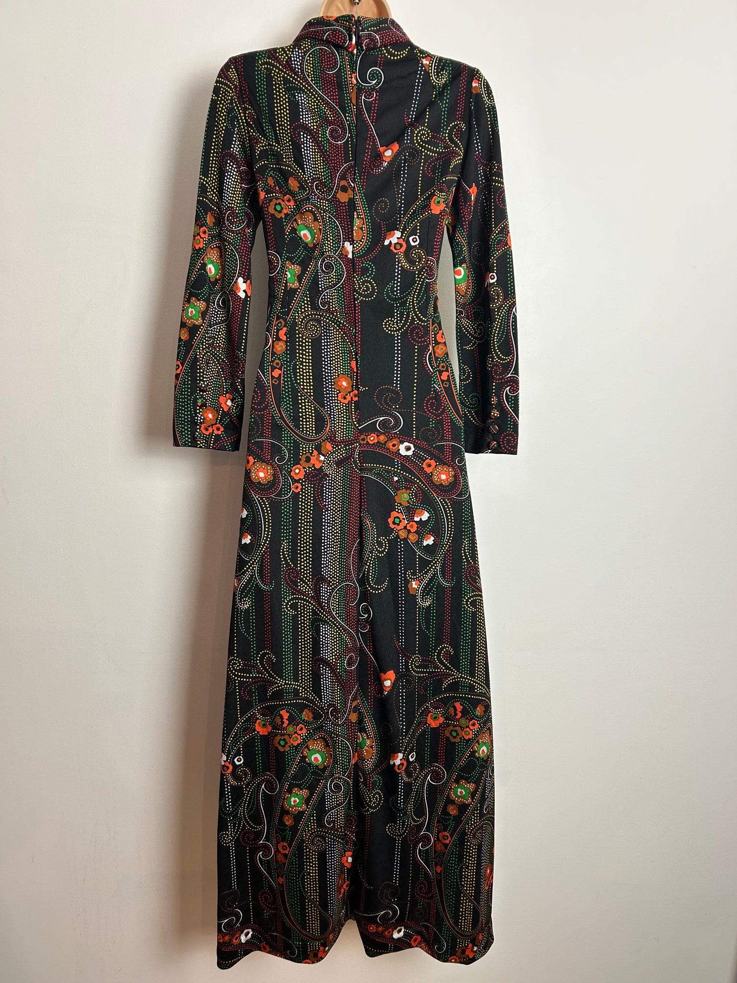 Vintage 1970's UK Size 6-8 Black Orange Brown Green & Yellow Floral & Spot Print Long Sleeve Maxi Dress