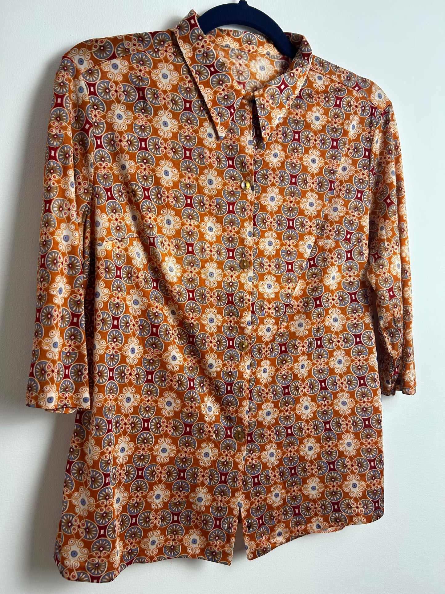 Vintage 1970s Size 12-14 Rusty Orange Blue & Dark Red Abstract Circle Print Long Sleeve Shirt