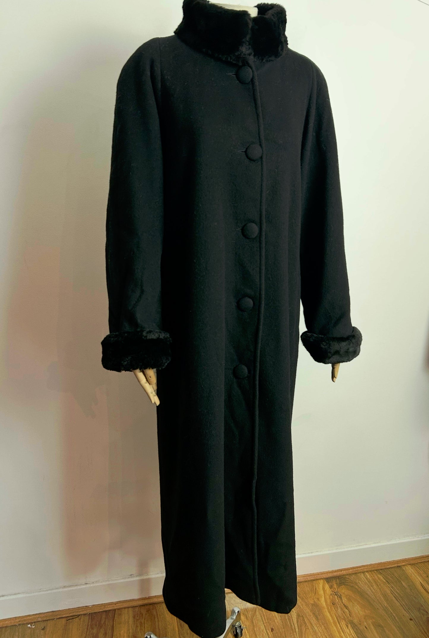 Vintage 1980s ALBERT NIPON UK Size 14-16 Black 100% Wool Faux Fur Trim Longer Length Coat