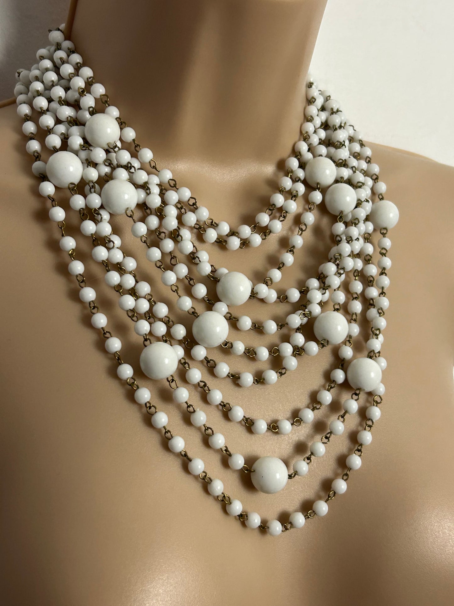 Vintage 1960s White Plastic Bead Ten Strand Statement Necklace (Hong Kong)