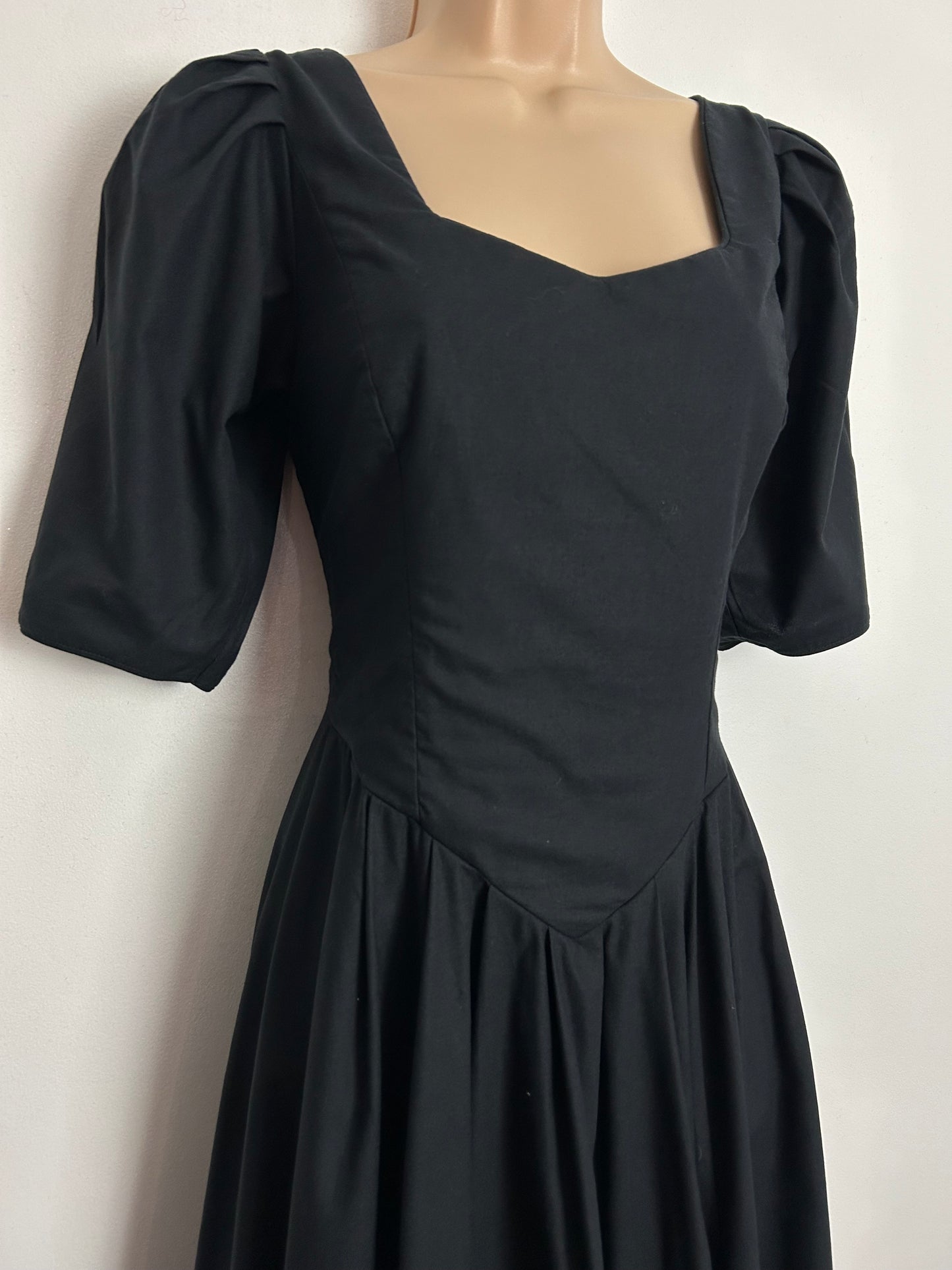 Vintage 1980s LAURA ASHLEY UK Size 8 (Size 12 On Label) Black Cotton Pleated Ballgown Party Dress