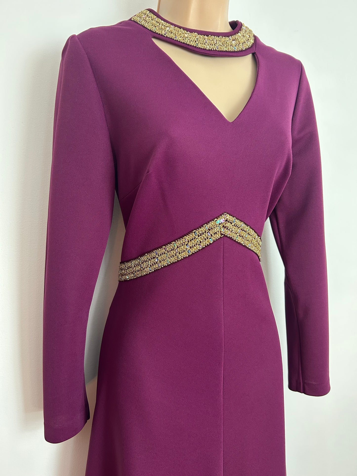 Vintage 1970s LEYGIL Size 8 Plum Purple Key Hole Choker Neck Gold Braid Trim Detail Occasion Maxi Dress
