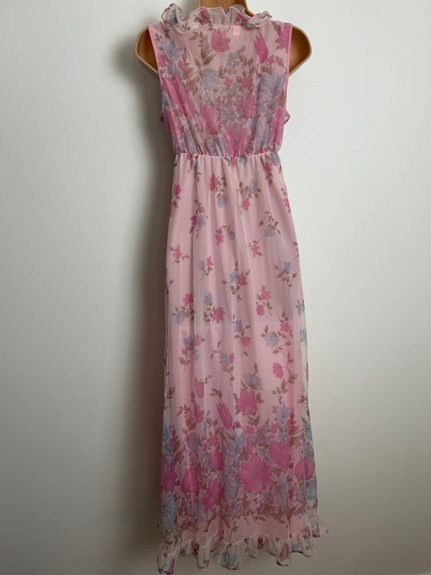 Vintage 1970s Size 10 Pink Tones Floral Print Ruffle Trim Bow Detail Nylon Nightdress Or Maxi Dress