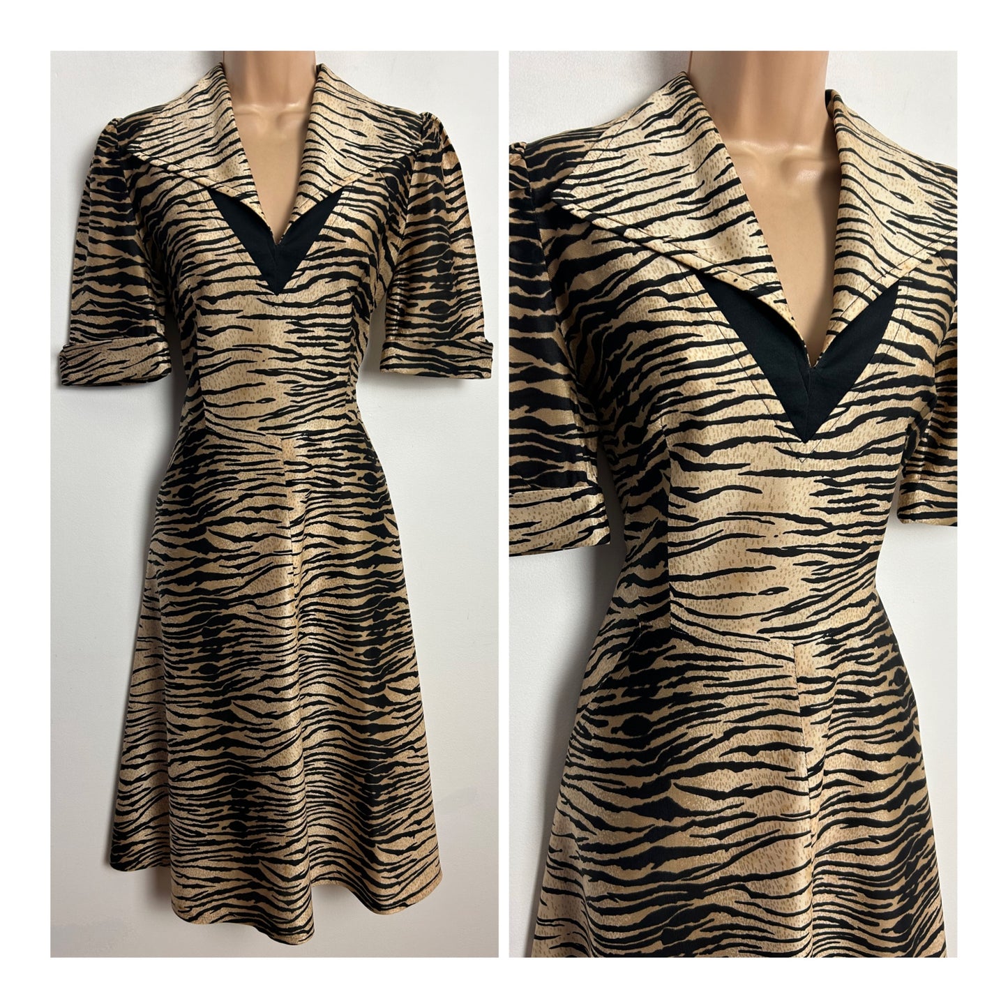 Vintage 1970s UK Size 12 Beige & Black Tiger (Or Zebra) Stripe Animal Print Short Sleeve Wide Collared Dress
