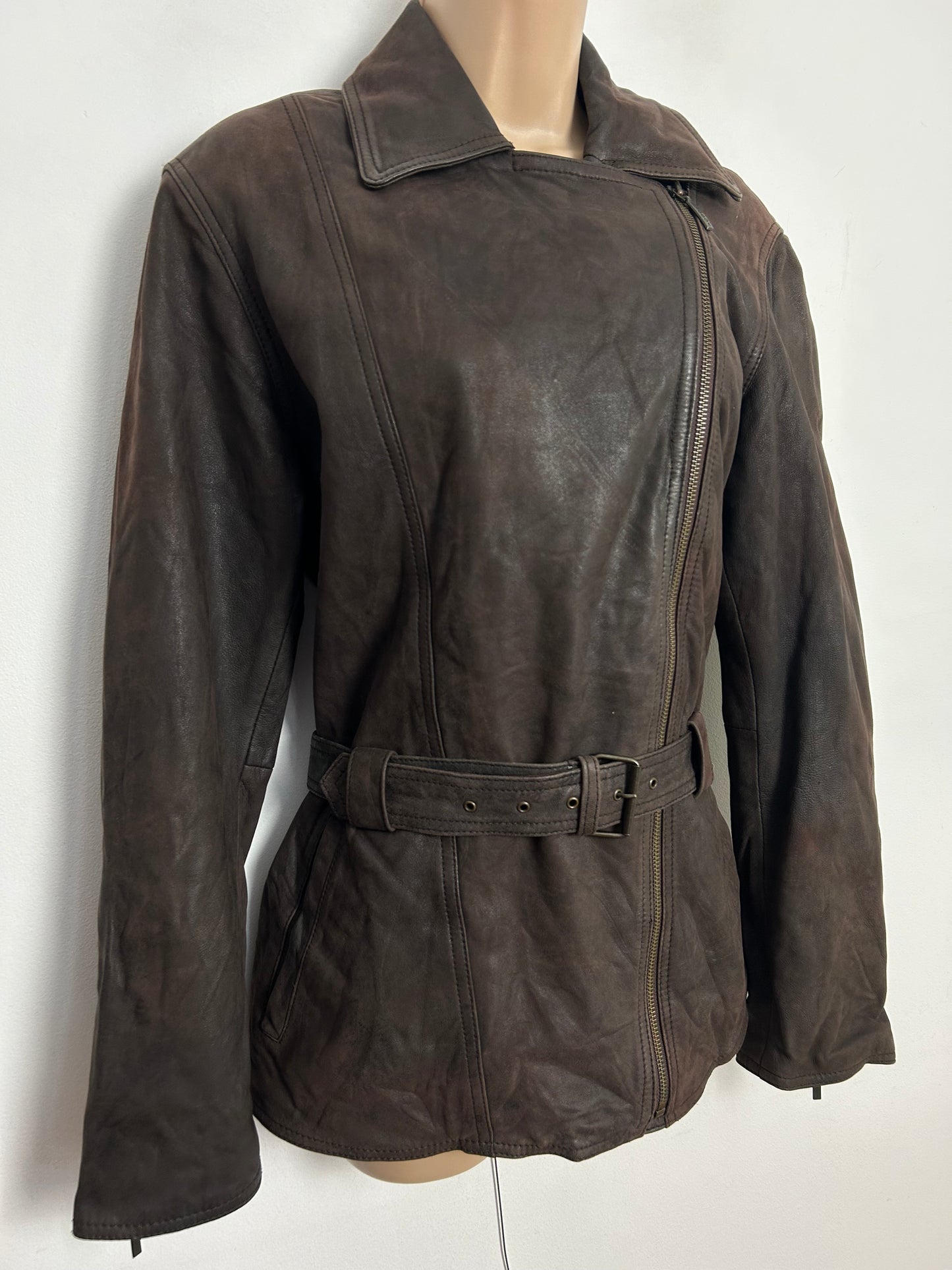 Vintage 1980s MADDOX Approx UK Size 12-14 Brown Zip Fronted Belted Leather Jacket