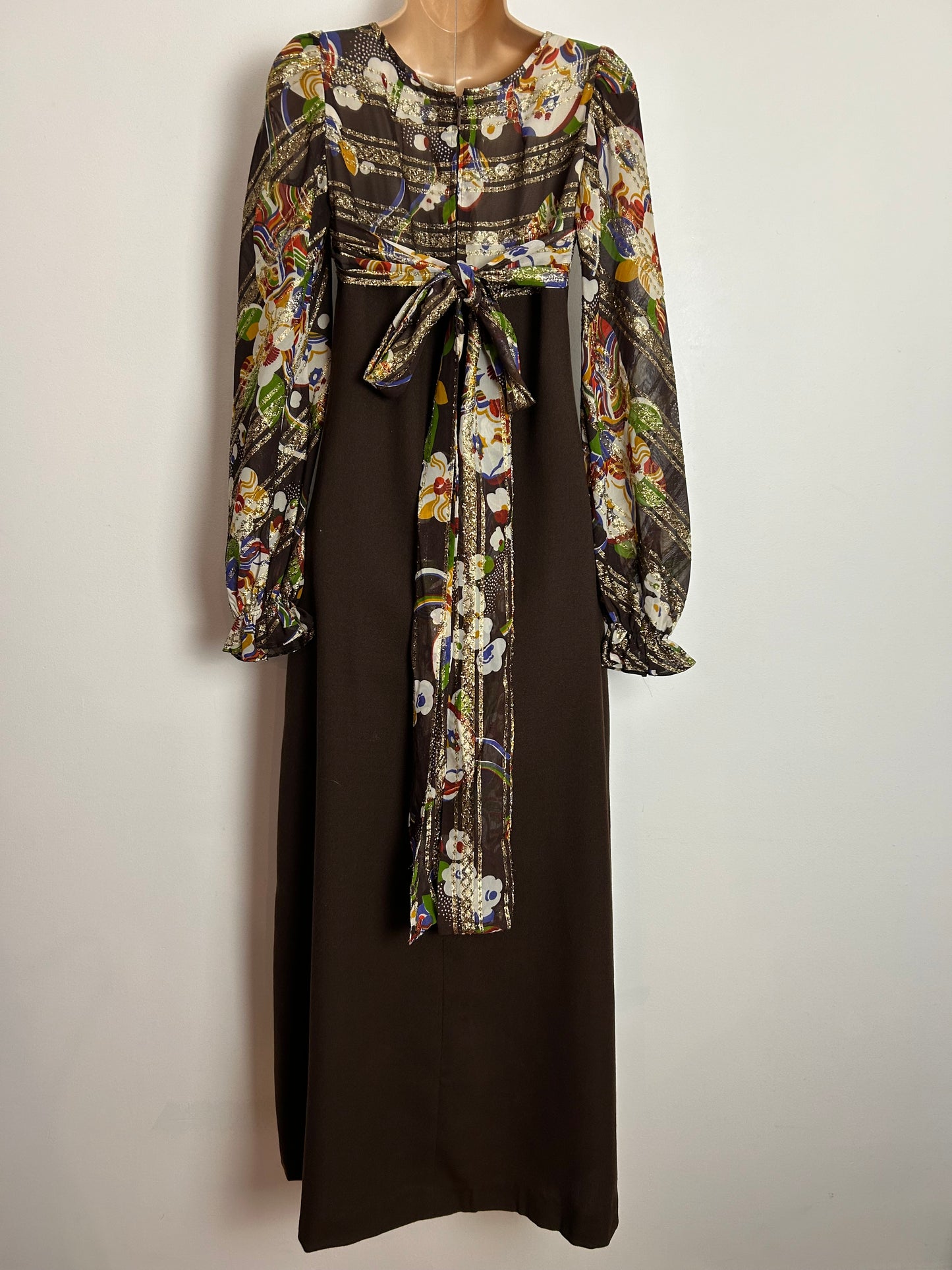 Vintage 1970s CANDA INTERNATIONAL UK Size 6-8 Brown & Gold Floral & Stripe Print Long Sleeve Maxi Dress