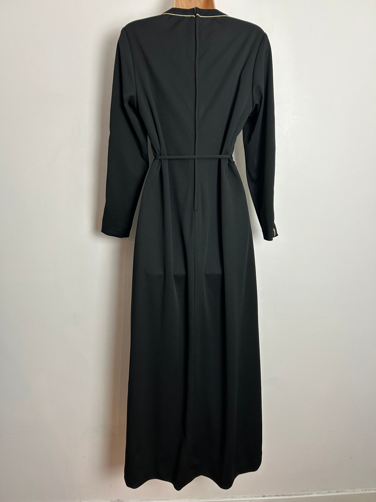 Vintage 1970s UK Size 10-12 Black & Metallic Gold Piping Trim Long Sleeve Belted Maxi Dress
