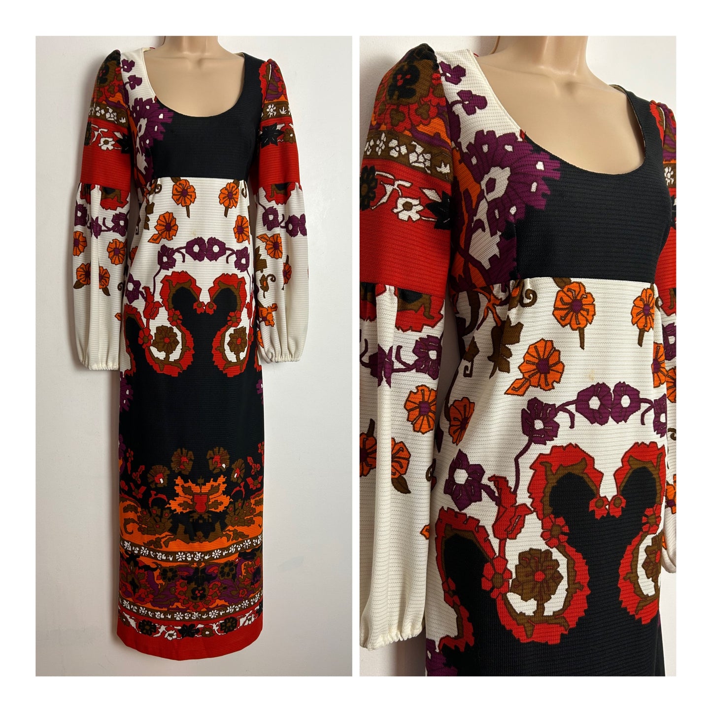 Vintage 1970s RICHARD SHOPS UK Size 8 White Dark Red Orange & Brown Abstract Floral Print Long Sleeve Maxi Dress