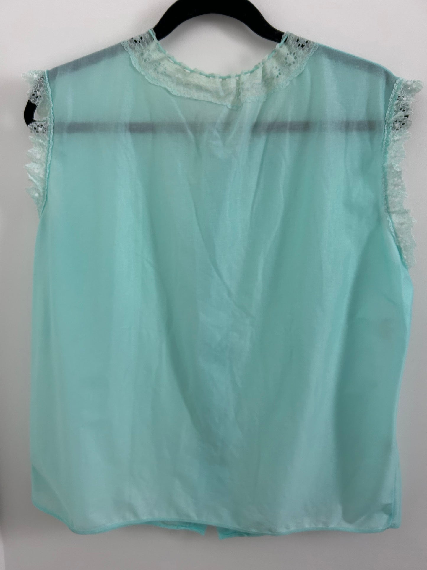 Vintage 1960s Size 16 Ice Blue Sleeveless Lace Trim Nylon Button Through Blouse Top