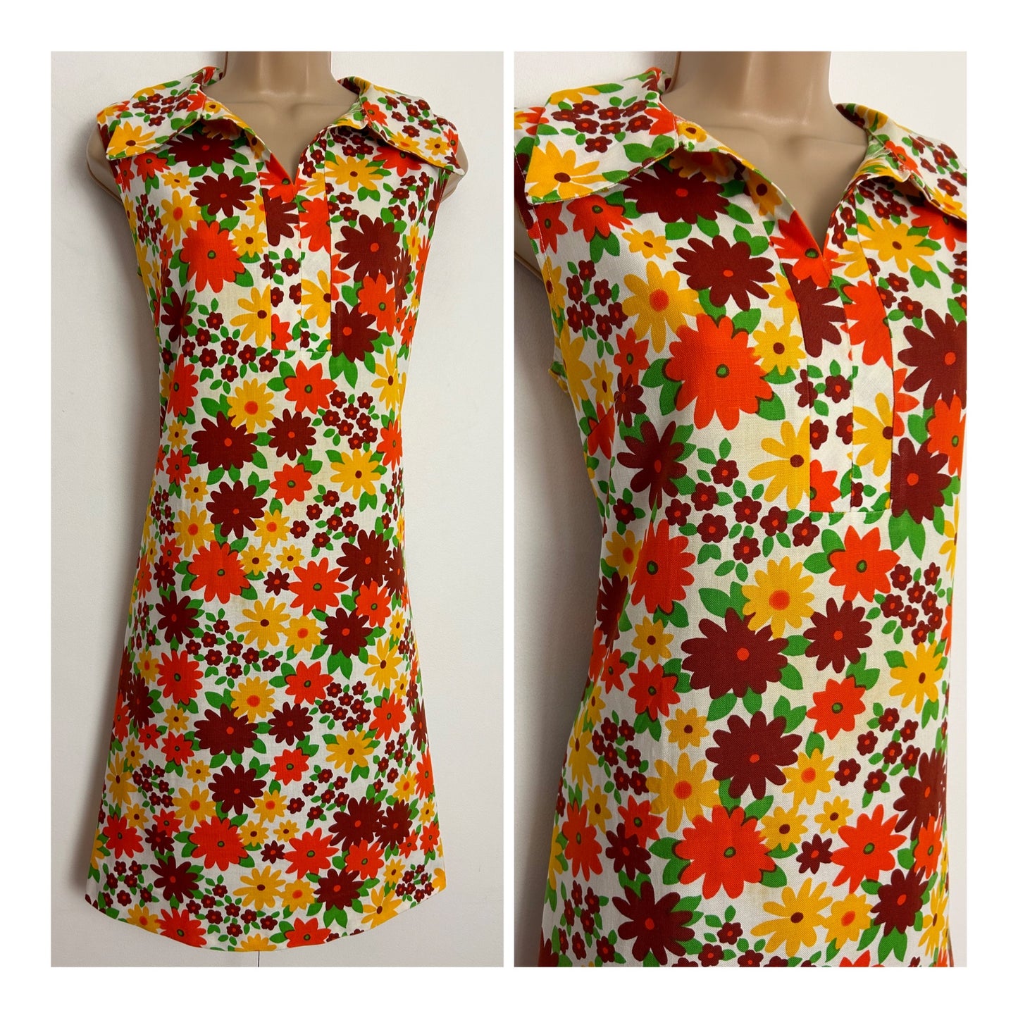 Vintage 1970s SOFAC CANNES UK Size 12 White Orange & Dark Yellow Floral Print Dagger Collar Mod Shift Dress