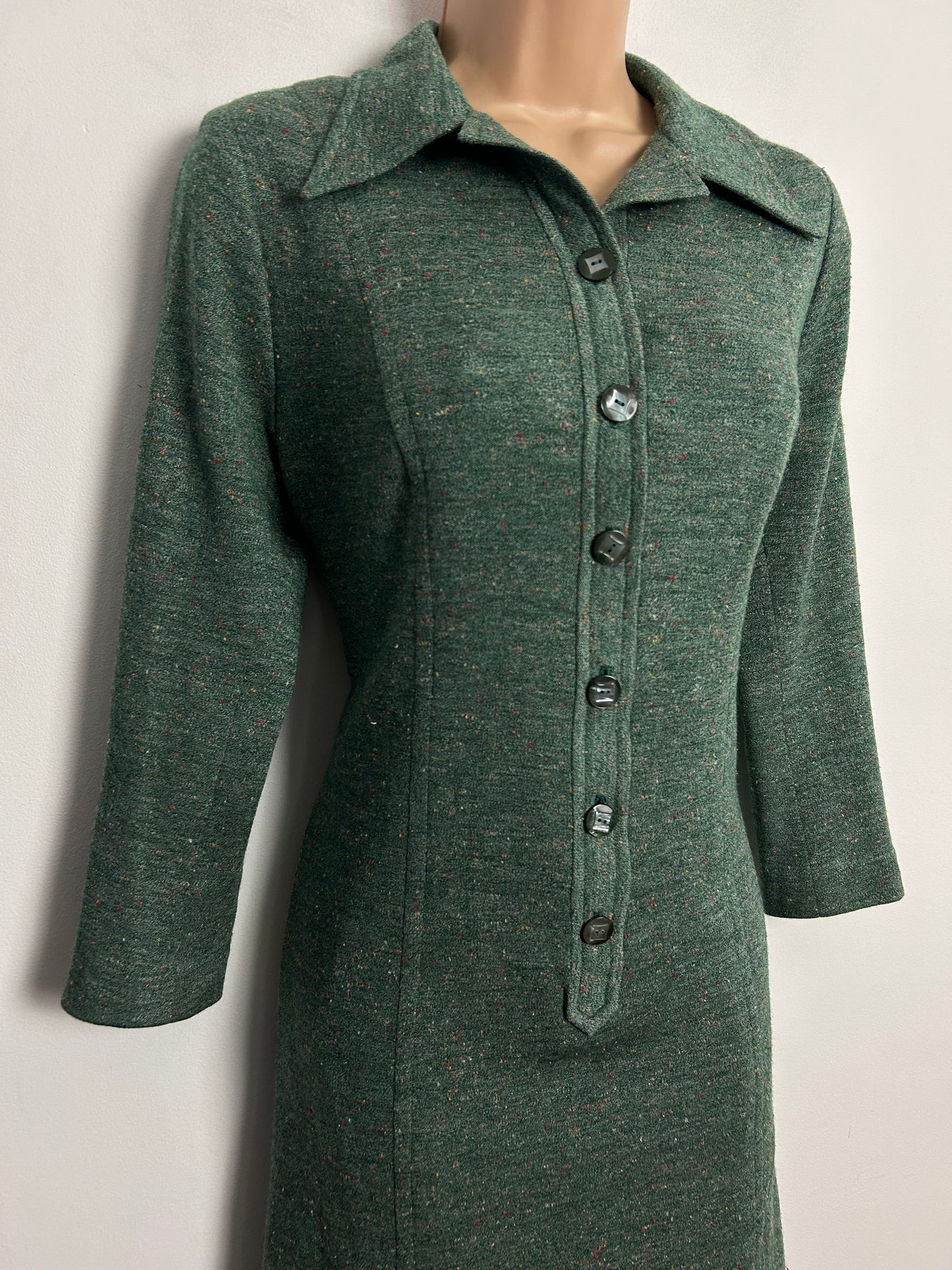 Vintage 1970s UK Size 12 Green Fleck Mod Long Sleeve Wool Jersey Day Dress